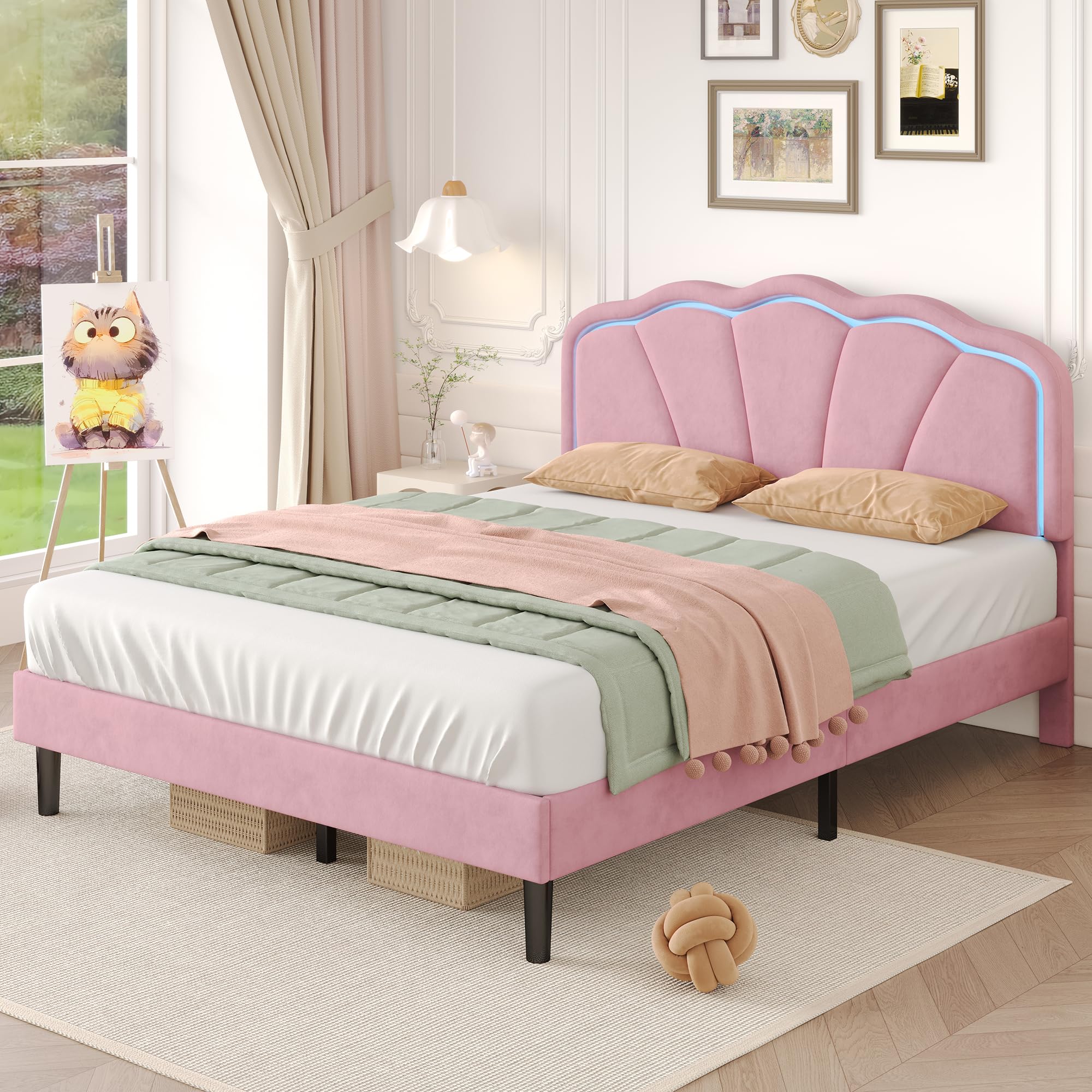 MYBOO 4ft6 Double Bed Frame Upholstered Platform Bed with LED Adjustable Shell Shape Headboard, Velvet Upholstered Bed, Sturdy Metal-Wood Support, No Box Spring Needed, Easy Assembly, Pink Double Bed โ image 1