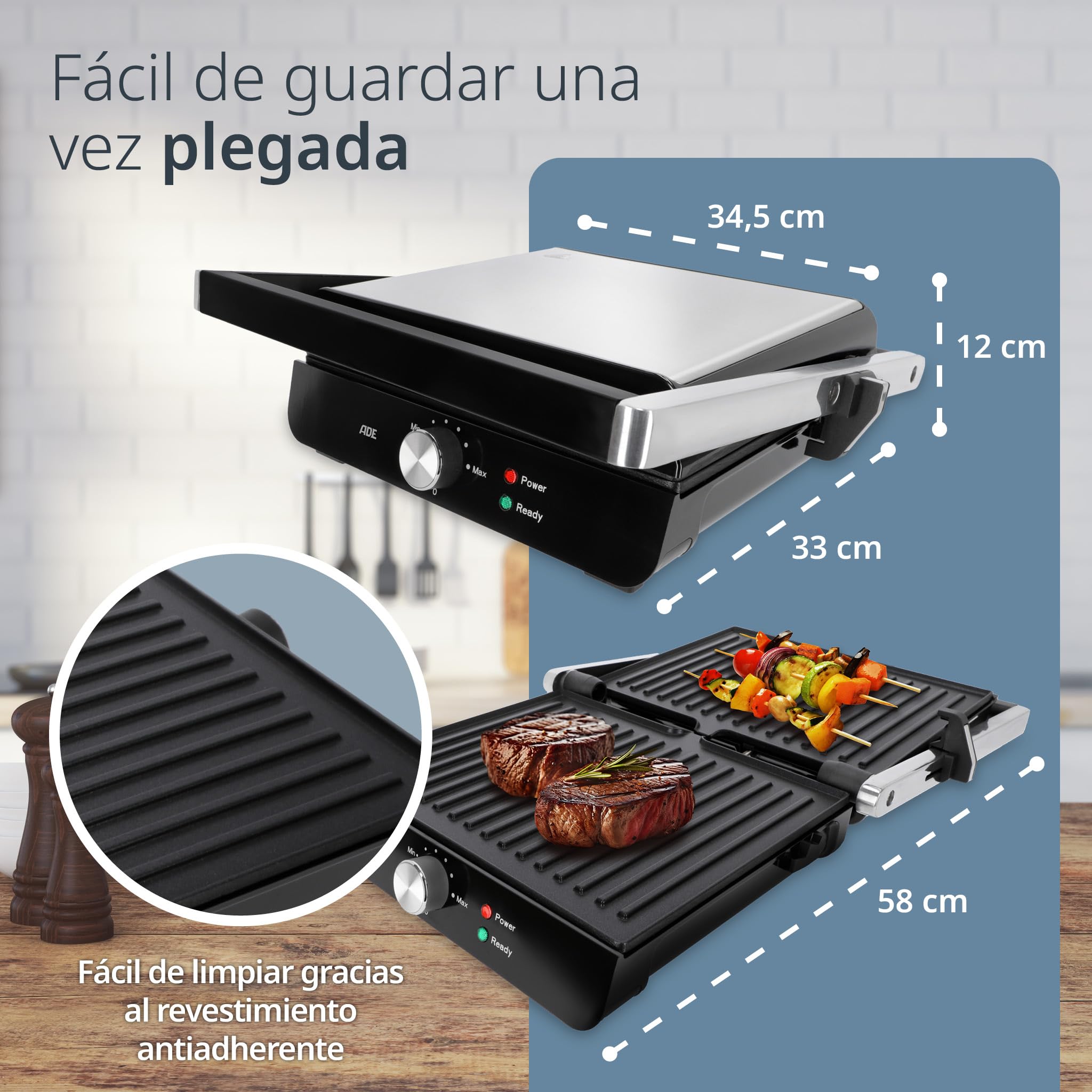 ADE Parrila eléctrica | sandwichera 3 en 1 | parrilla y plancha de cocina antiadherente | grill de mesa para sandwiches, panini, verdura | grill de 2.000 vatios | negra