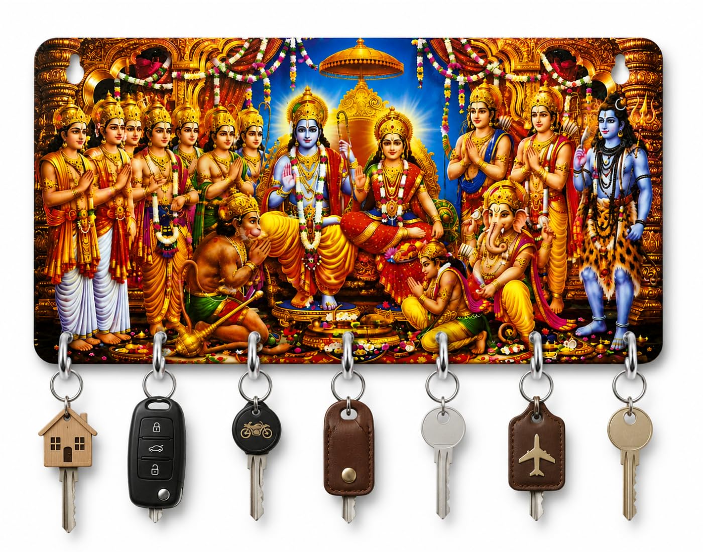 Wooden Key Holder for Wall, Ram Darbar Decorative Key Hanger | Premium MDF wall-mounted key organizer with 7 metal hooks, Ram Darbar design for home entrance, house, car & office keys-image-39