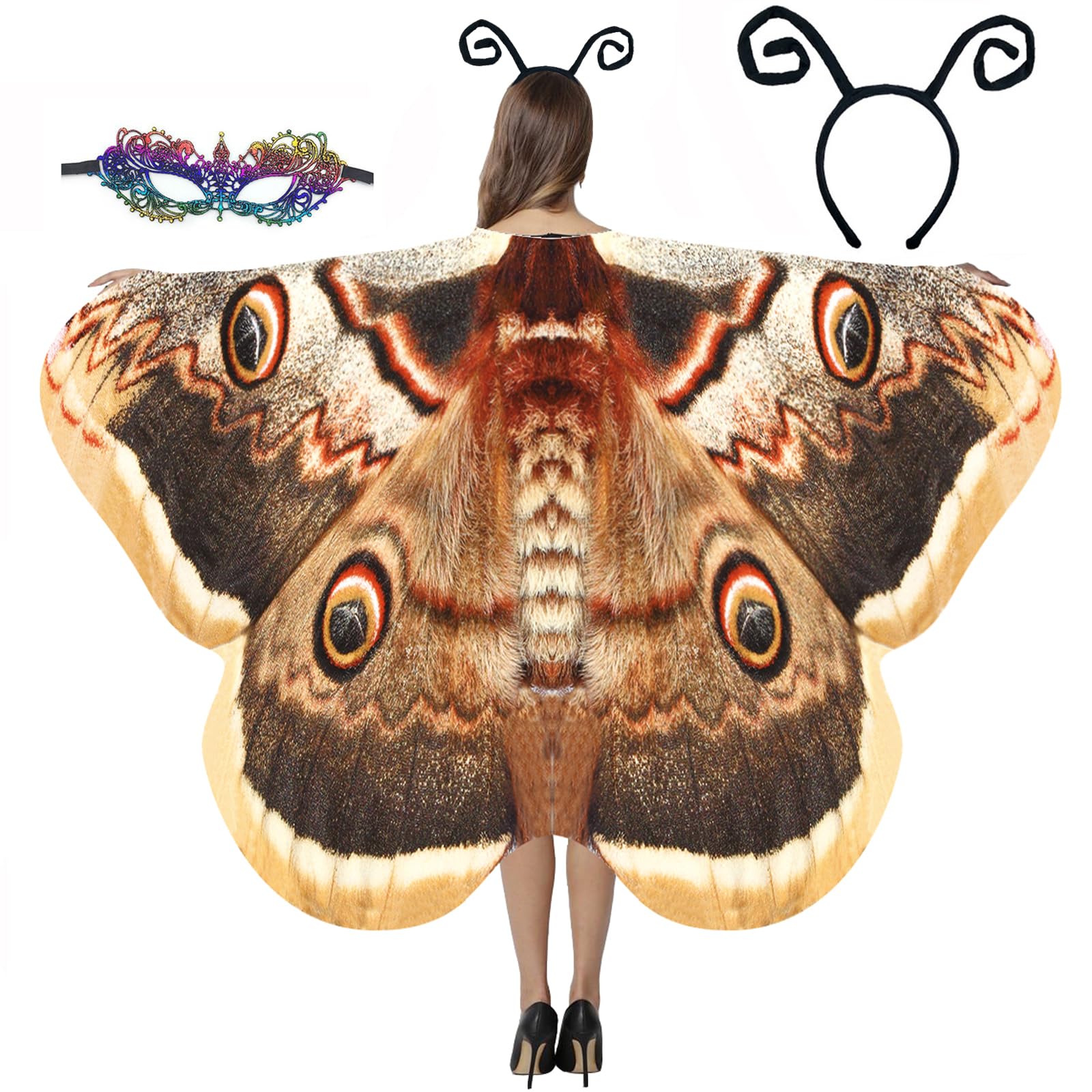 GRAJTCIN Women's Butterfly Wings Shawl, 3 PCS Halloween Fairy Costume Festive Rave Cape with Antennas & Mask, Brown Moth, 78" x 50"