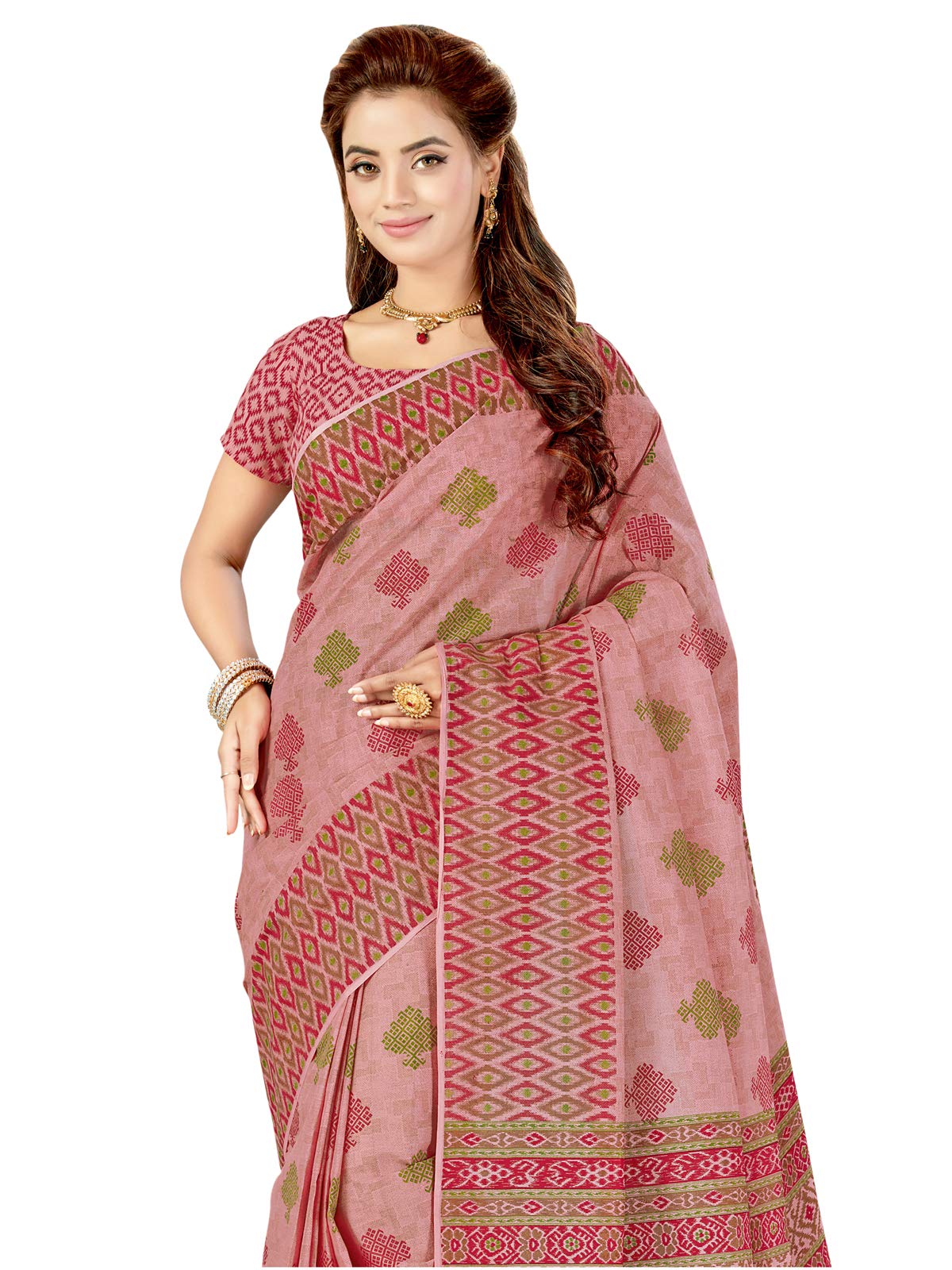Satrani Cotton With Blouse Piece Saree (1547St47_Pink (Rose)_One Size)