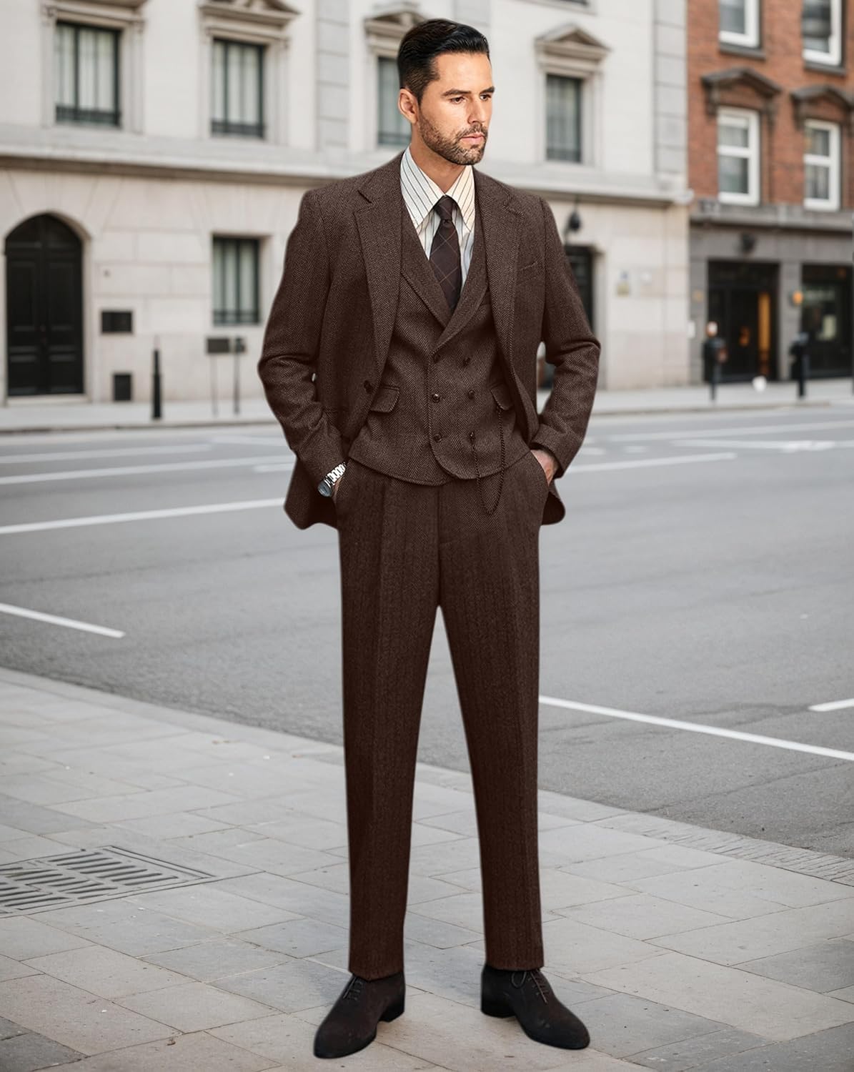 Mens Suit 3 Piece Tweed Herringbone Tuxedo Suit Wedding Suits for Mens Blazer Jacket Double Breasted Vest Pants Set - Image 5