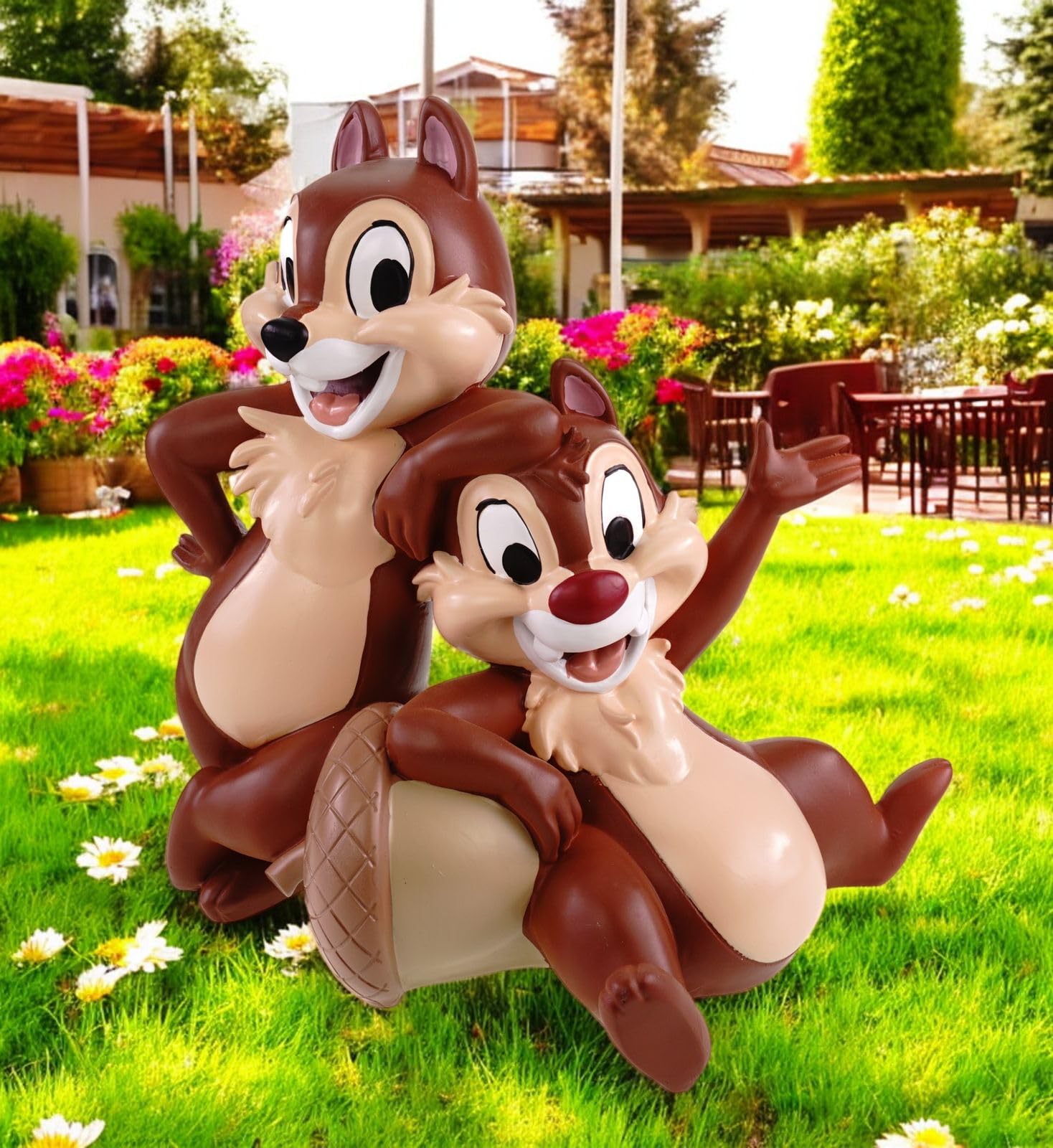 Statua da giardino Chip e Chap, 33 cm, resistente alle intemperie, decorazione Disney per giardino e casa, statuetta in poliresina, affascinante per interni ed esterni, con licenza ufficiale, idea