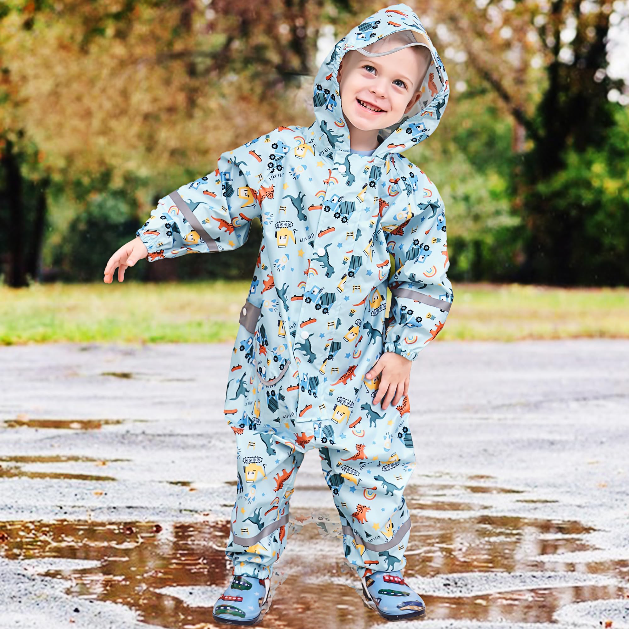 Chubasquero Niño Mono Impermeable Chaquetas Ligero Lindos Traje de Lluvia Plegable Capa de Lluvia con Detalles Reflectantes y Capucha Infantil Bebé 1-9 años