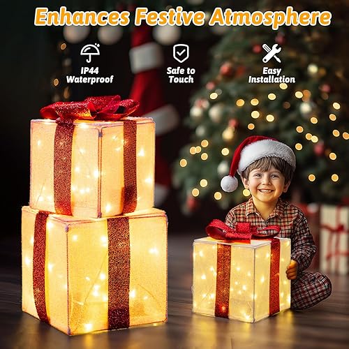 Miniatura 2 de Elegear Cajas de regalo iluminadas de Navidad de 11.8 pulgadas, 117 luces LED extra grandes, decoración navideña 11 modos y función de temporizador,