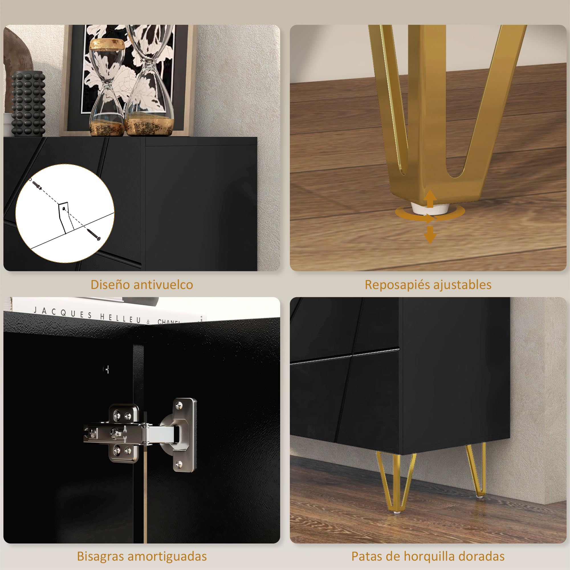 HOMCOM Aparador para Salón Aparador de Entrada con 3 Puertas y Estantes Ajustables Armario de Almacenamiento para Cocina Sala 120x40x75 cm Negro Brillo