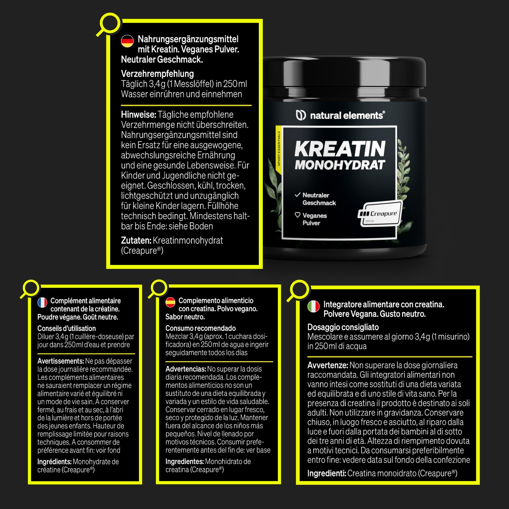 Créatine Monohydrate Creapure 500g, Poudre 100% Pure, Augmentation & Force Musculaire, 147 Portions, Ultra Fine Facteur De Maille 200, Goût Neutre, 100% Vegan, Sans Additifs Inutiles