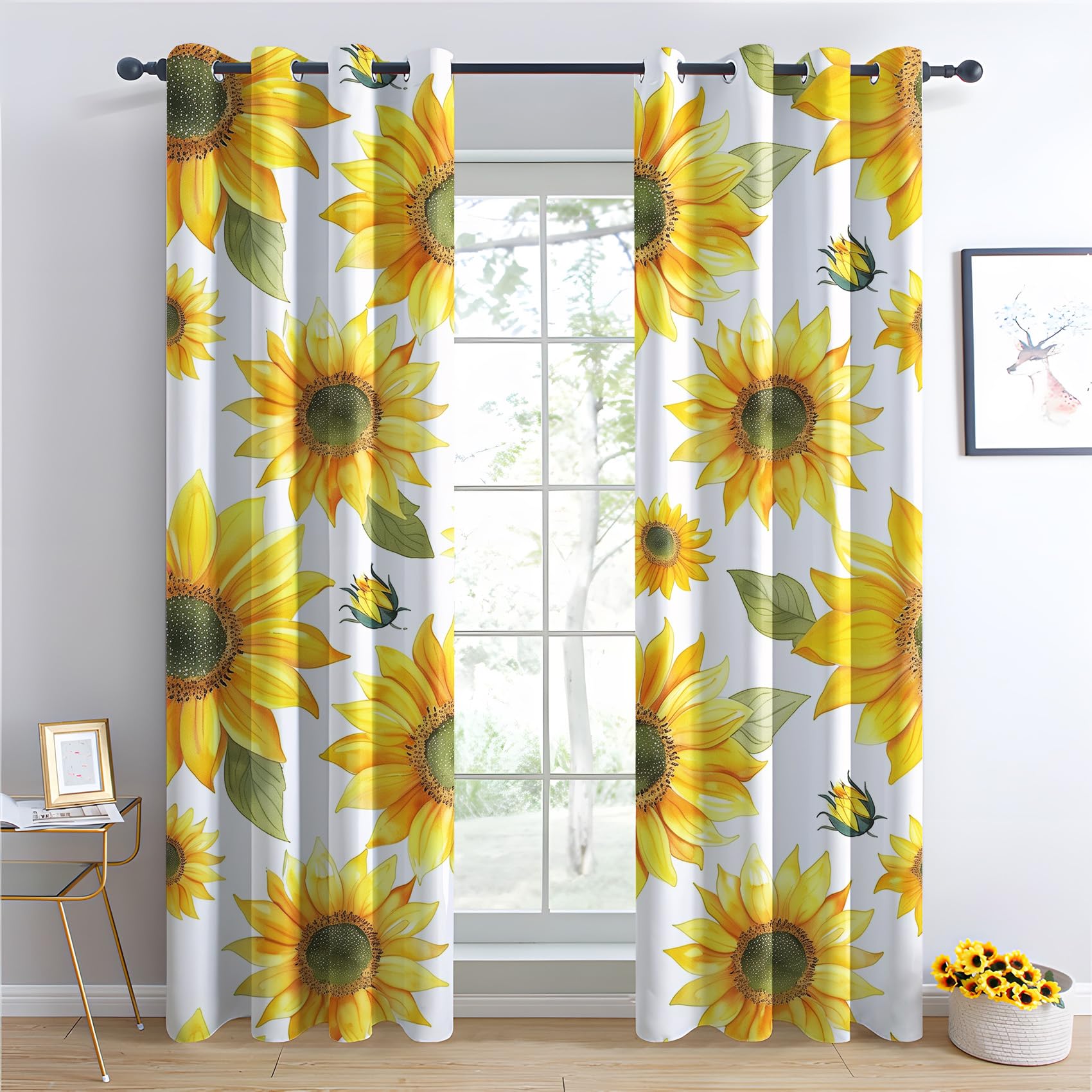 Rideau Occultant Thermiques Tournesol - Rideau Fleurs Jaune Tournesols Floral, Lot de 2 Rideaux à Oeillets pour Decoration Chambre Salon, Draperies Intérieurs Fenetre, 117x137 cm (LxH)
