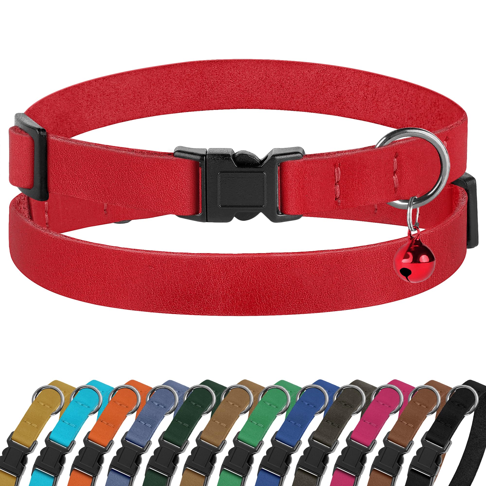 Breakaway Cat Collar Leather with Removable Bell - 13 Colors Available - Soft Adjustable Girl Boy Safety Lightweight Pet Kitten Collars Pink Brown Blue Green Red Orange Black (Red)