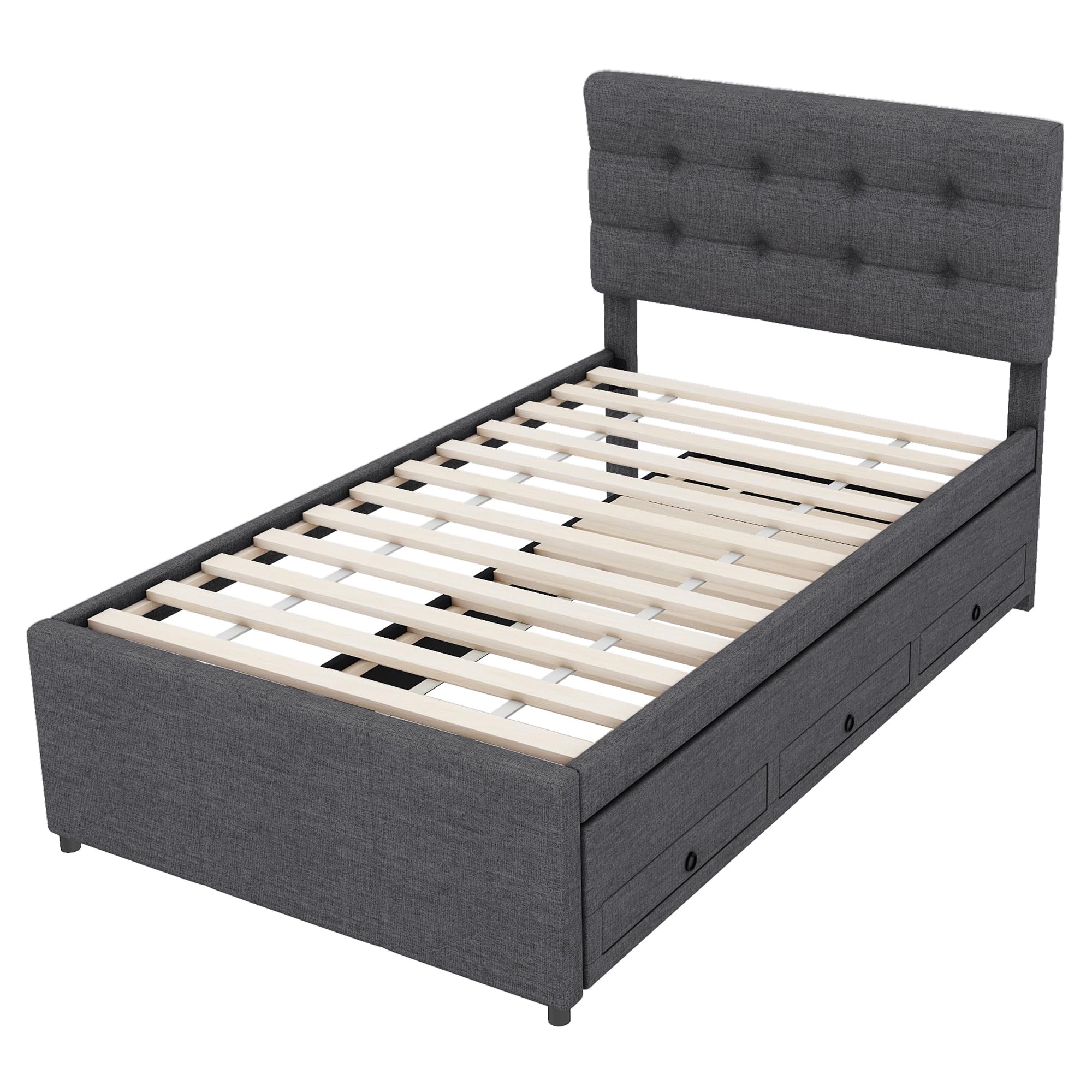 Cama tapizada, 90 x 200 cm, con cama nido de 90 x 190 cm, cama familiar, cama con tres cajones, cama enrollable extensible, cabecero ajustable, sin colchón (gris)