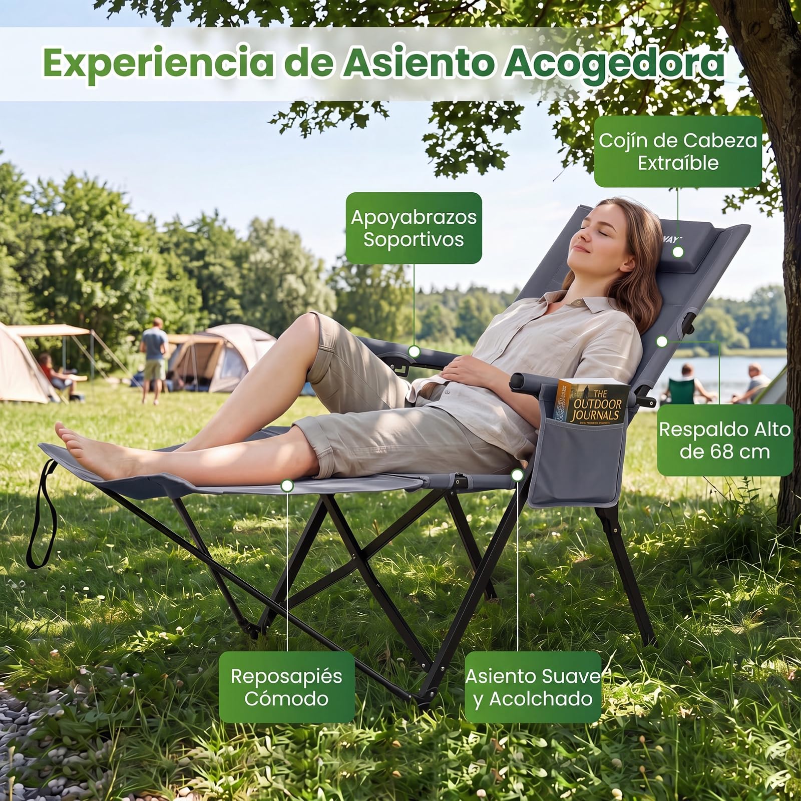 COSTWAY Silla Plegable Camping con Reposapiés Desmontable (Gris) | Tumbona Reclinable con Respaldo Ajustable de 4 Niveles, Reposacabezas, Bolsillo Lateral, Bolsa de Transporte, Jardin Playa Pi