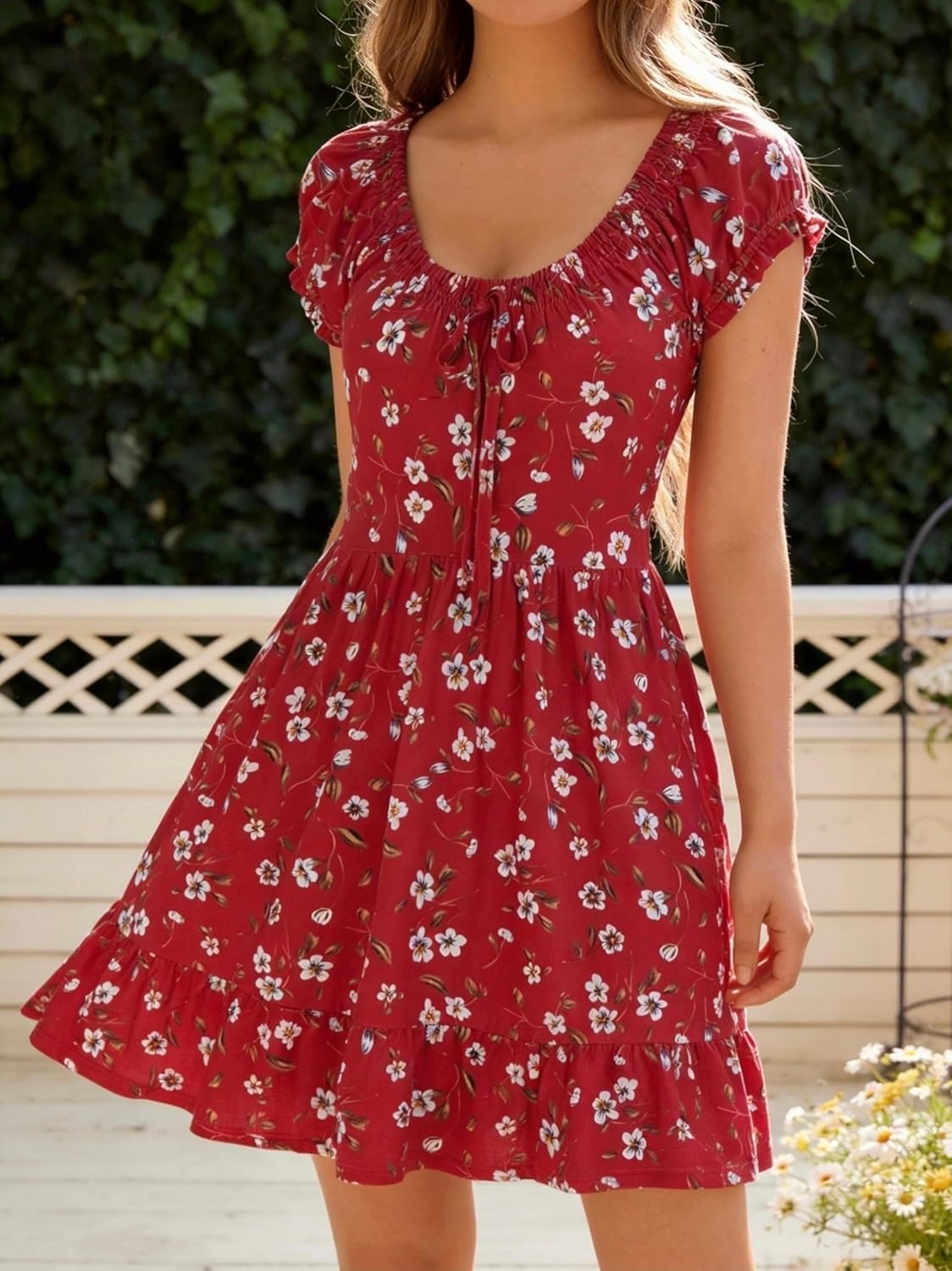 HUHOT Teen Petite Women Floral Short Summer Mini Dresses with Pockets Cute Milkmaid Sundress 2026 - Image 2