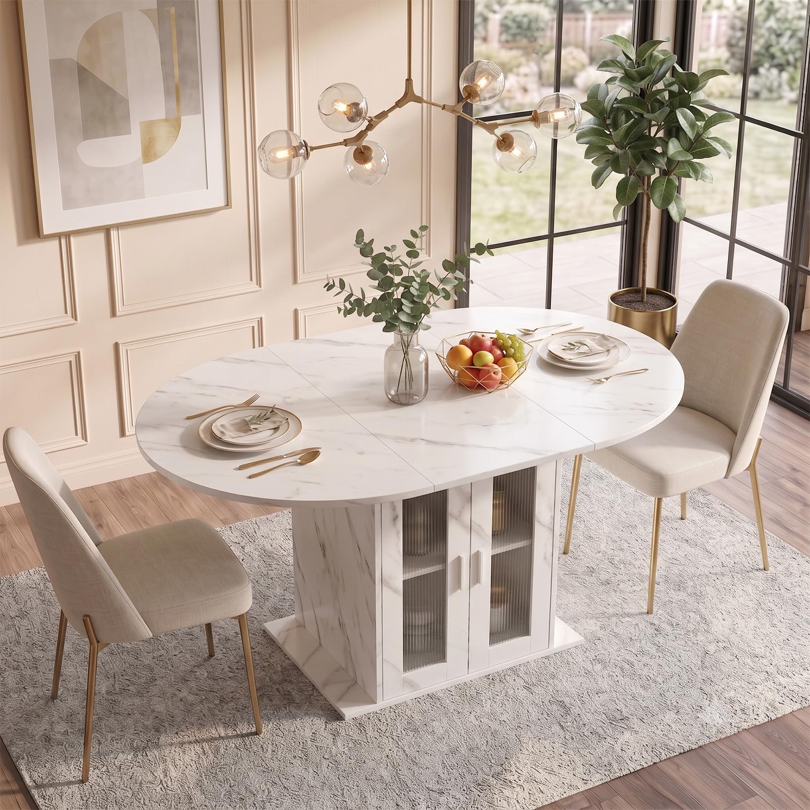 Esstisch Rund Ausziehbar, Ovaler Esstisch mit Kühlschrank Stauraum, Moderner Küchentisch für 4-6 Personen, geeignet für Küche, Esszimmer und Wohnzimmer