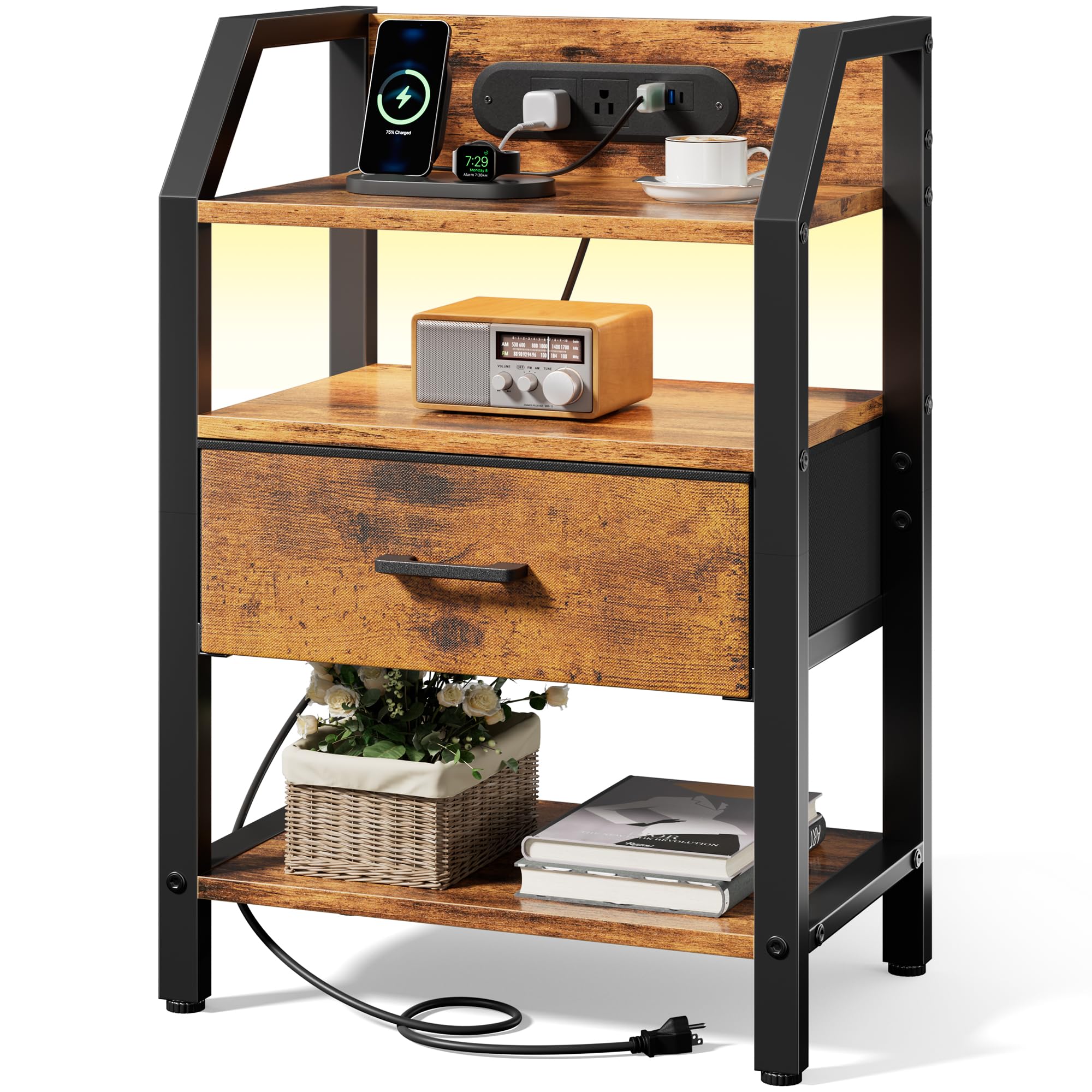 HLDIRECT Comodino con stazione di ricarica, comodino a LED con cassetto in tessuto e ripiani portaoggetti, comodino con porte USB e prese per camera da letto, tavolino per soggiorno (marrone rustico)