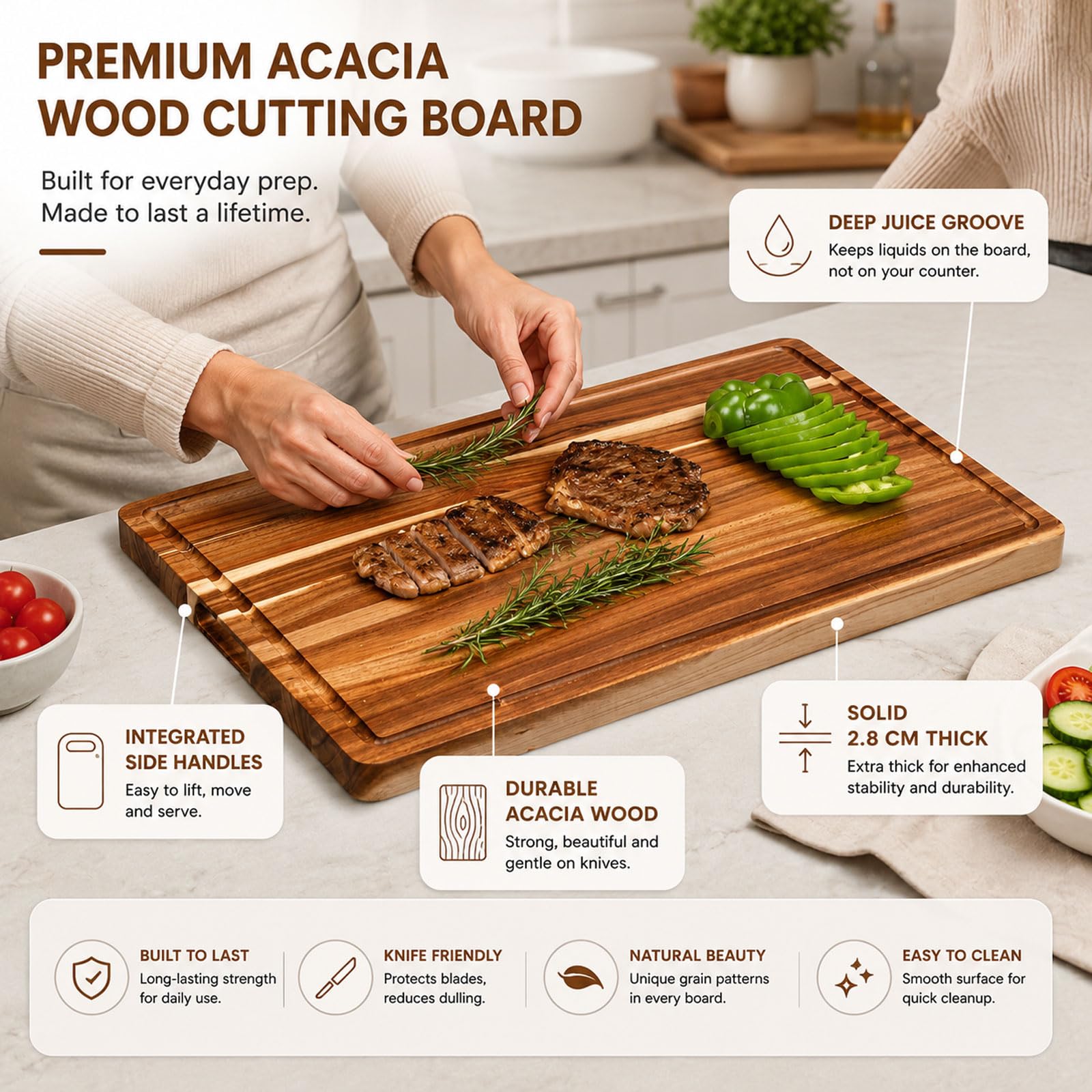 Tablas De Madera De Acacia para Cocina, Tabla De Picar con Canaleta para Jugos, Ideal para Frutas, Verduras, Amasar, Embutidos Y Quesos; Sirve También como Bandeja De Presentación