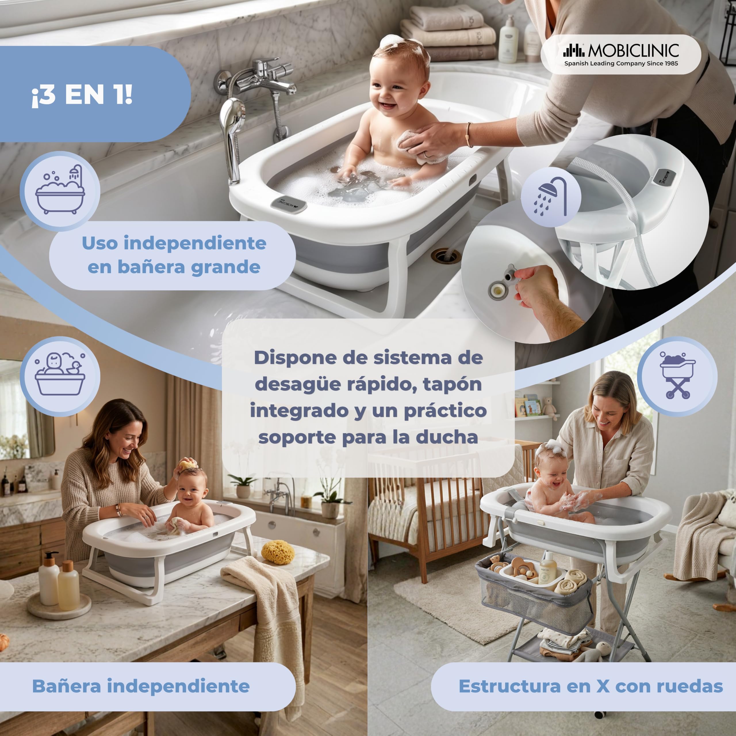 Mobiclinic®, Bañera Plegable Bebé, con Patas y Soporte, Regulable en Altura, Ruedas 360º con Freno, Cojín Ergonómico, Tubo Desagüe, Cesta y Bandeja, Compacta, Bubba Max