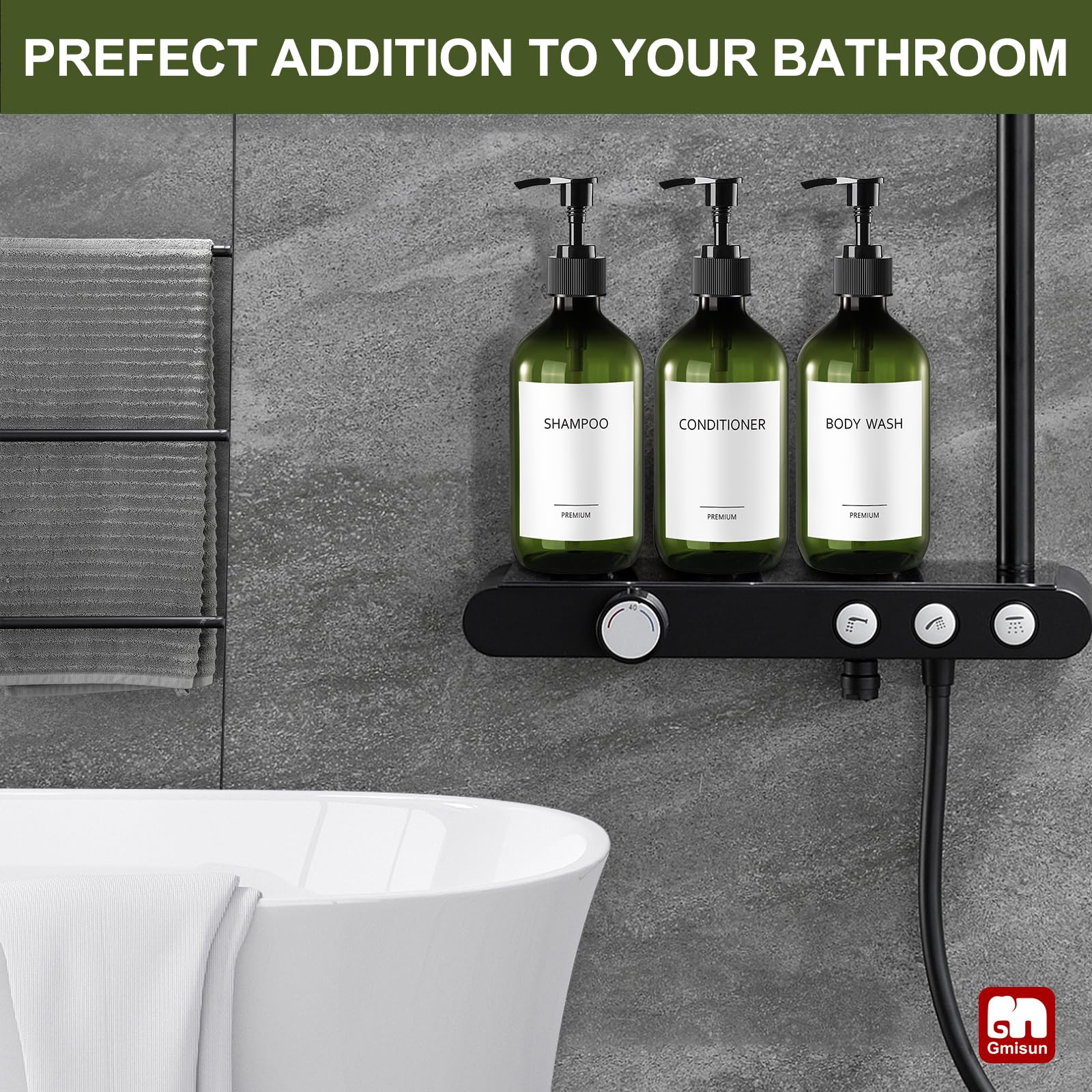 Gmisun Green 3-Pack 500ml Recycled Plastic Shampoo & Conditioner Dispenser with Pump, Bathroom Bottles with Labels - Image 3