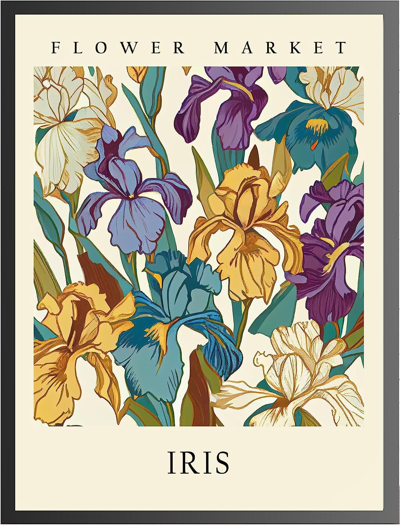 Iris Art Print, Flower Market Poster Wall art Decor, Botanical Floral Artwork for Bedroom, Bathroom, Living room Decoration (Iris, 11x14 inches + (Black Frame))