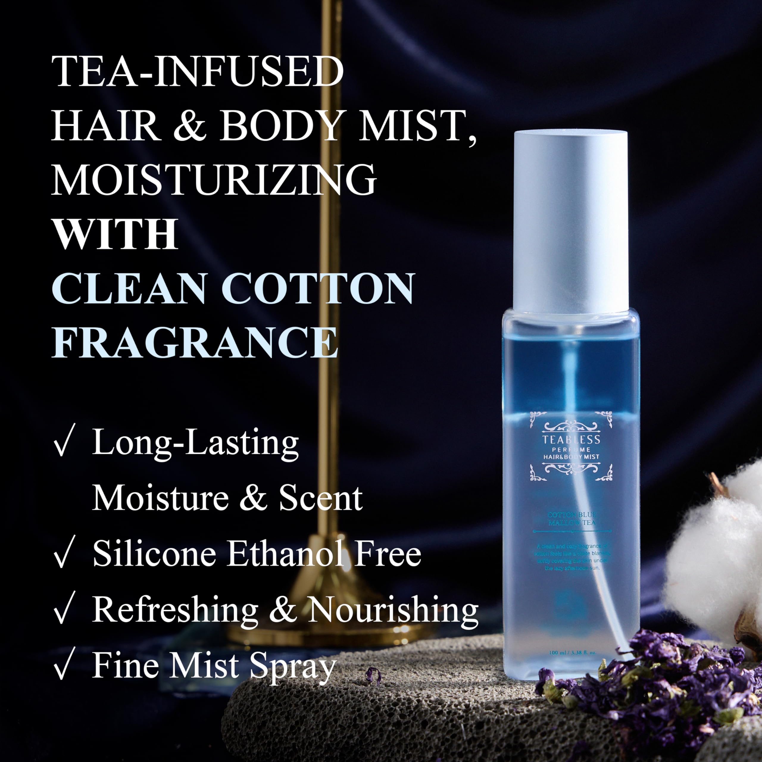 Perfume de té de malva azul de algodón para cabello y cuerpo, perfume en aerosol para piel seca, equilibrio de humedad, calmante, nutritivo, fragancia de larga duración, aroma de algodón 2