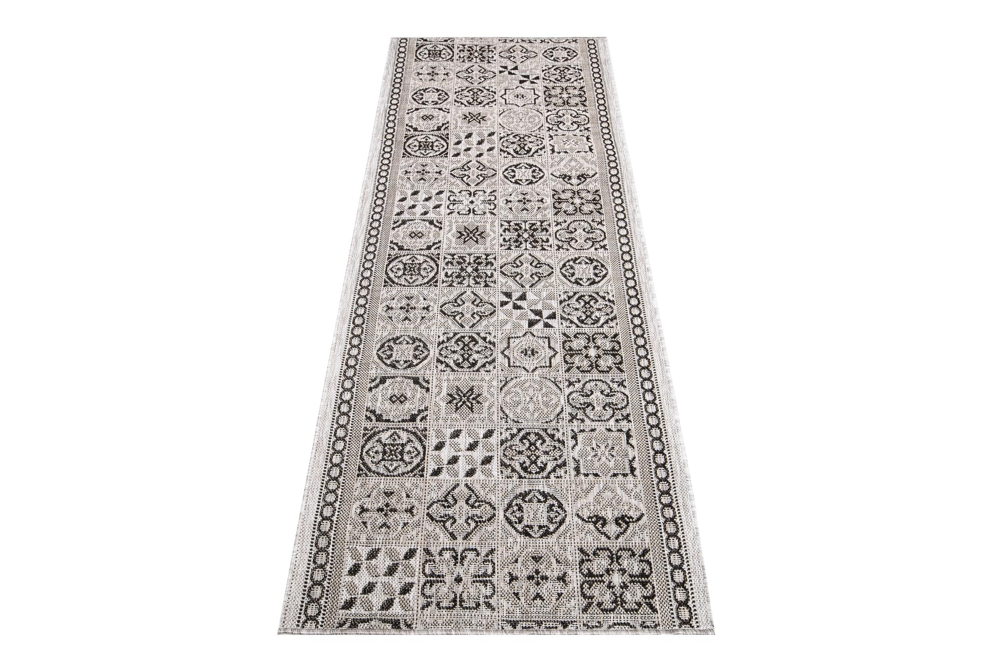 TAPISO Melissa dywan, sizalowy, płasko tkany, jasnoszary, czarny, figurki, koła, paski, paski, do kuchni, korytarza, korytarza, jadalni, Öko-Tex 80 x 230 cm