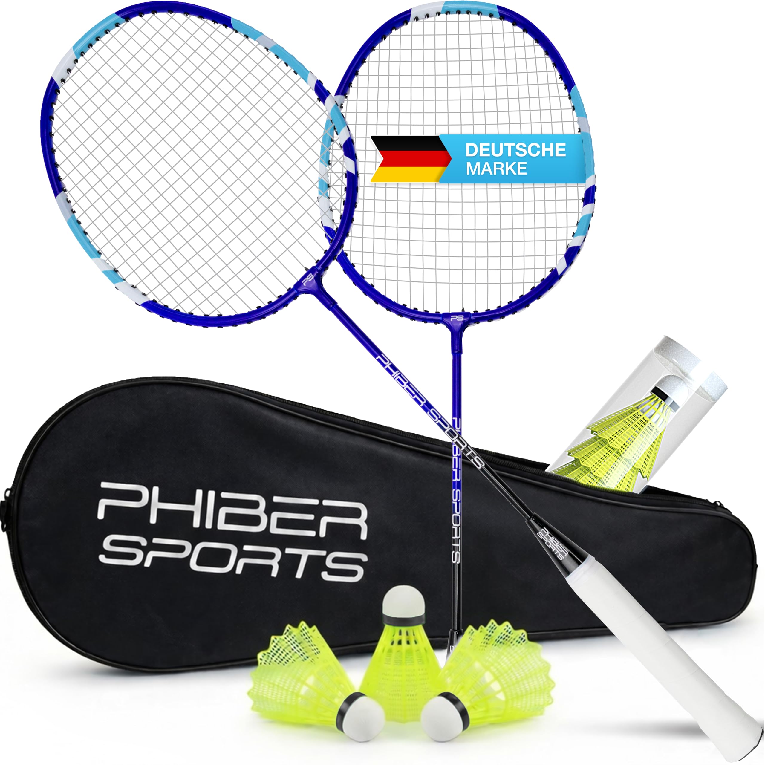 PHIBER-SPORTS Badminton Schläger Set - 2X Badmintonschläger + 3X Federbälle + Tasche - Robustes Federball Set für Garten & Park - Ideal für Anfänger & Profis (Badminton Schläger Set)