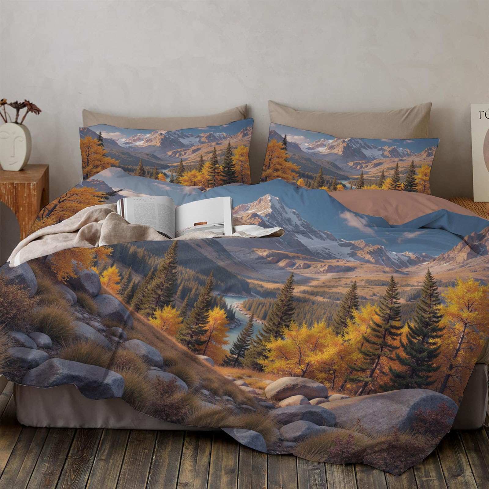Set Copripiumino Matrimoniale Naturalmente Fiume Serpeggia, Biancheria da Letto Montano Autunnale in Morbida Microfibra 3D Copri piumino 200x200cm con Cerniera e 2 Federe 50x75 cm