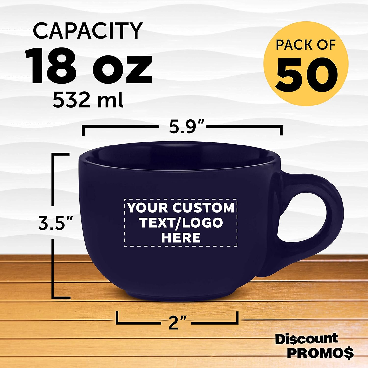 Custom Ceramic Cappuccino Mugs 18 oz. Set of 50, Personalized Bulk Pack - Perfect for Coffee, Tea, Espresso, Hot Cocoa, Other Beverages - Cobalt Blue