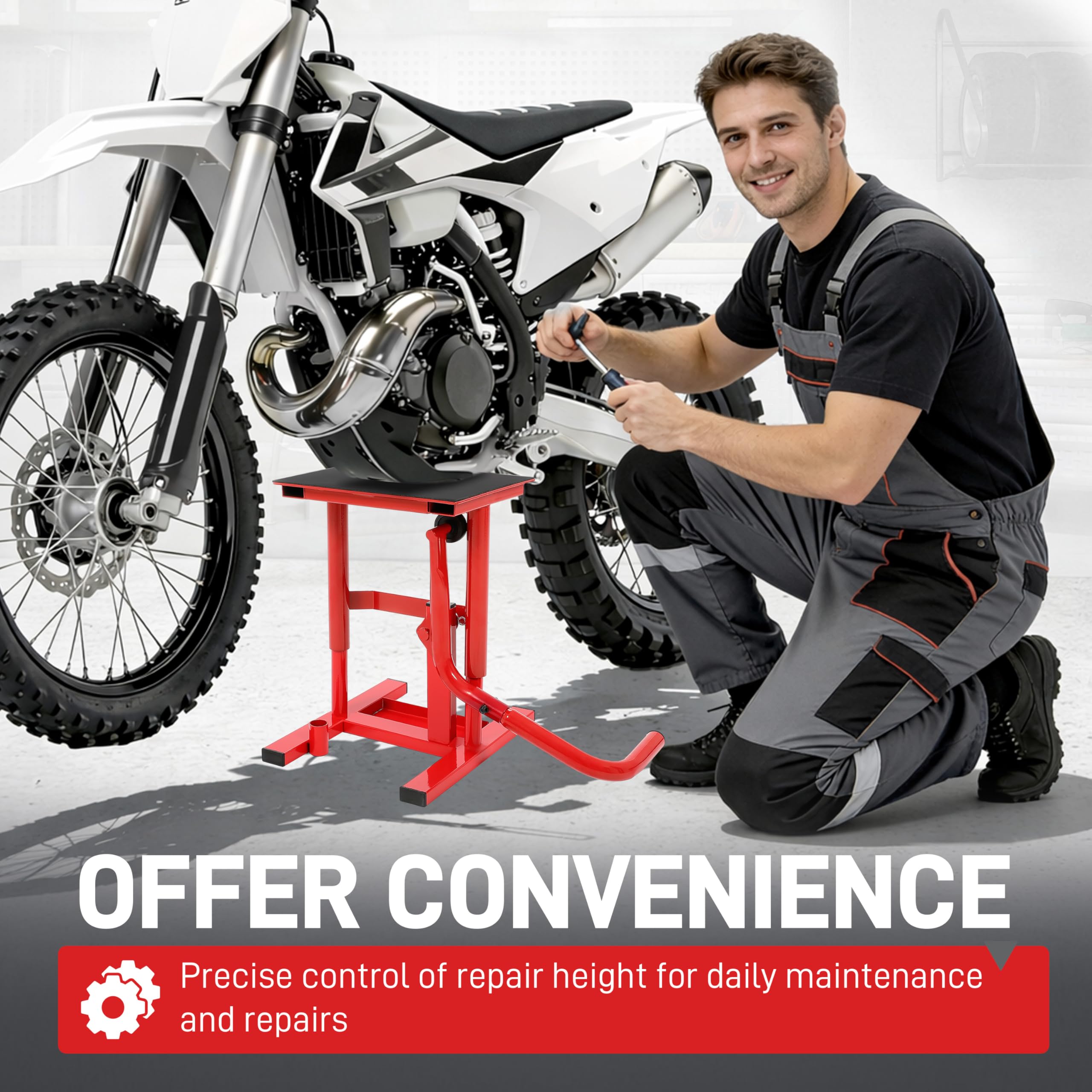 ALMULOO Soporte de elevación para moto de cross, soporte de elevación para gato de motocicleta, capacidad de 330 libras, altura ajustable de 10.1 a 19.7 pulgadas, mesa de elevación de acero