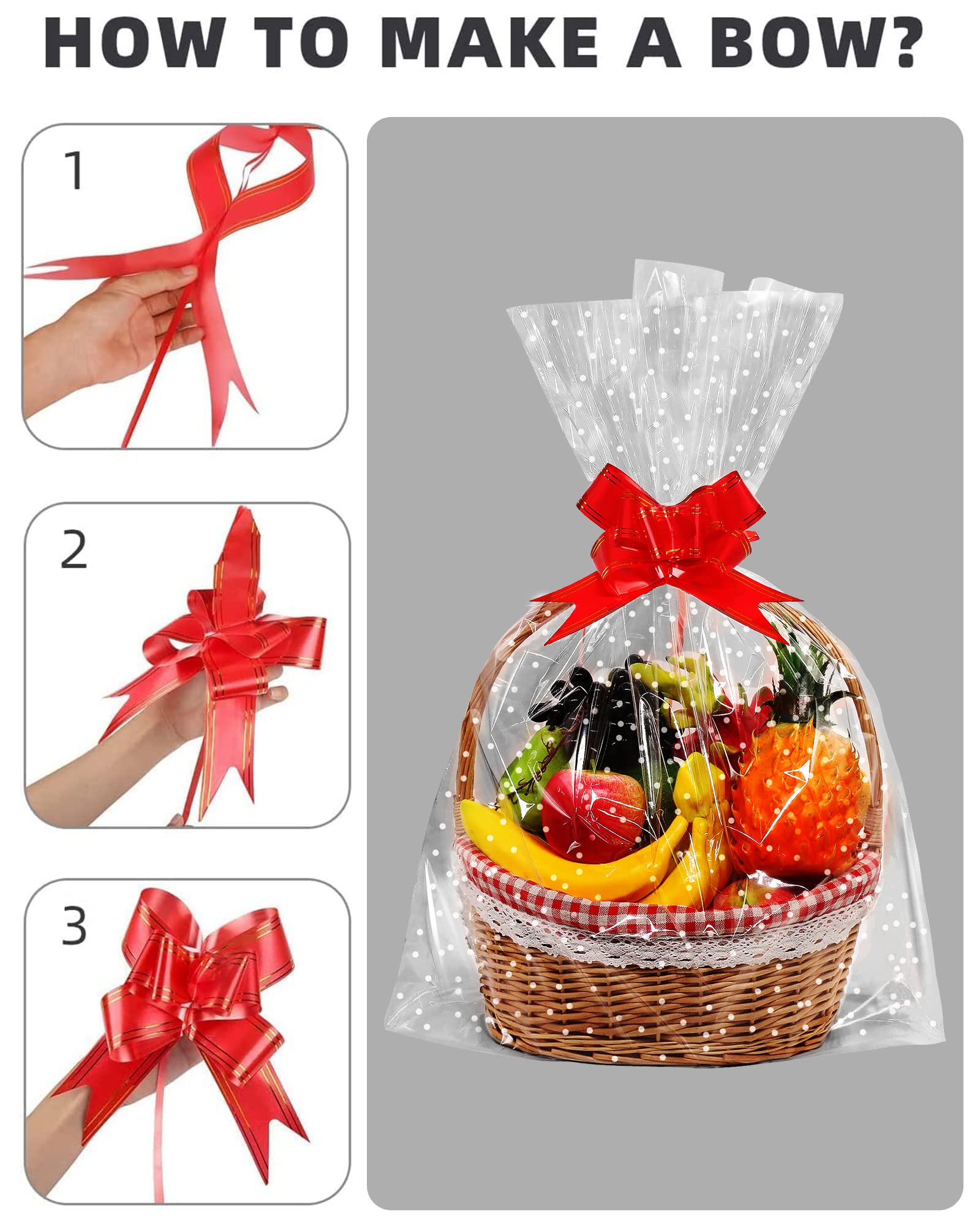 JOYIT 50 szt. przezroczystych torebek celofanowych z białymi kropkami (45 cm x 76 cm) – grubsze opakowanie celofanowe do koszy prezentowych, przezroczyste plastikowe torby z czerwonymi kokardkami