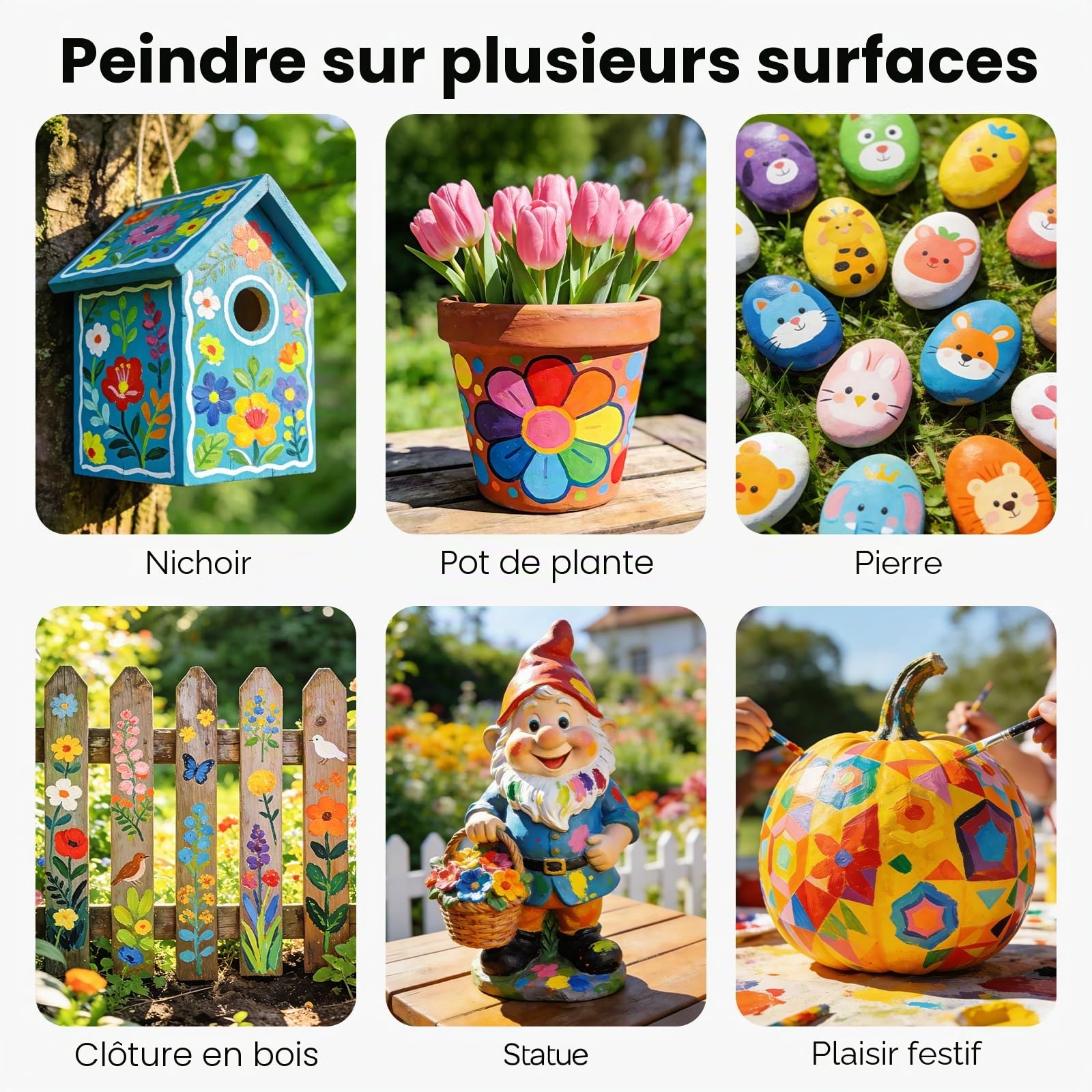 Nicpro Ensemble de peinture acrylique pour extérieur 32 couleurs en vrac avec pinceau et éponge, couteau, peinture non toxique pour plusieurs surfaces : roche, bois, tissu, cuir, travaux manuels