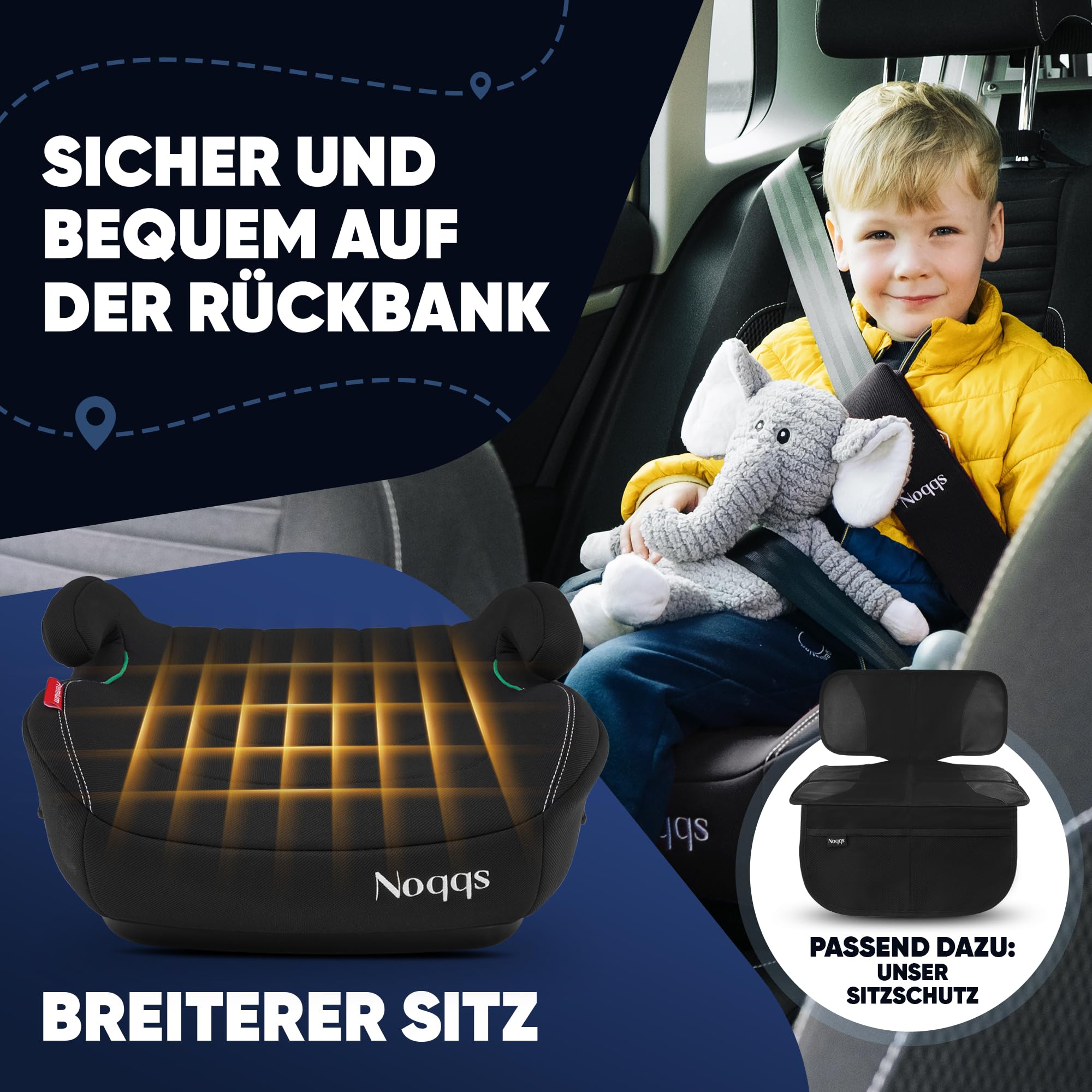 Kindersitzerhöhung Auto ECE R129 i-Size 125–150 cm extra breit gepolstert Schwarz