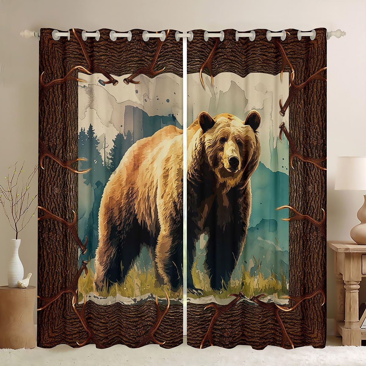 Erosebridal Brown Bear Blackout Curtains Woodland Safari Animal Curtains, Watercolor Wildlife Curtains & Drapes Rustic Farmhouse Living Room Curtains,