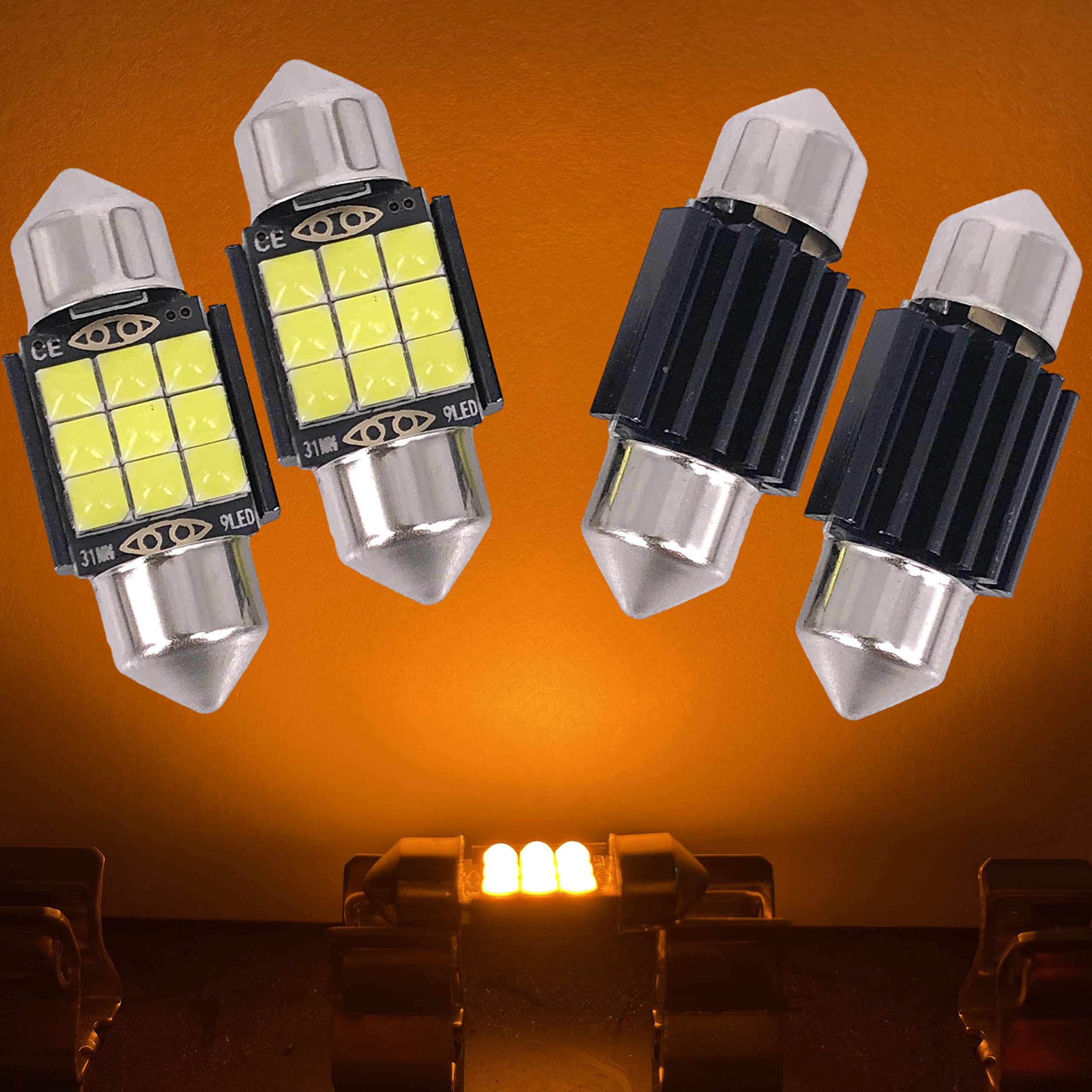 SOCAL-LED LIGHTING 31mm Festoon LED Bulb Canbus Super Bright 3030 Chipset Car Interior Dome Light DE3175 Map Light, Yellow, Pack of 4