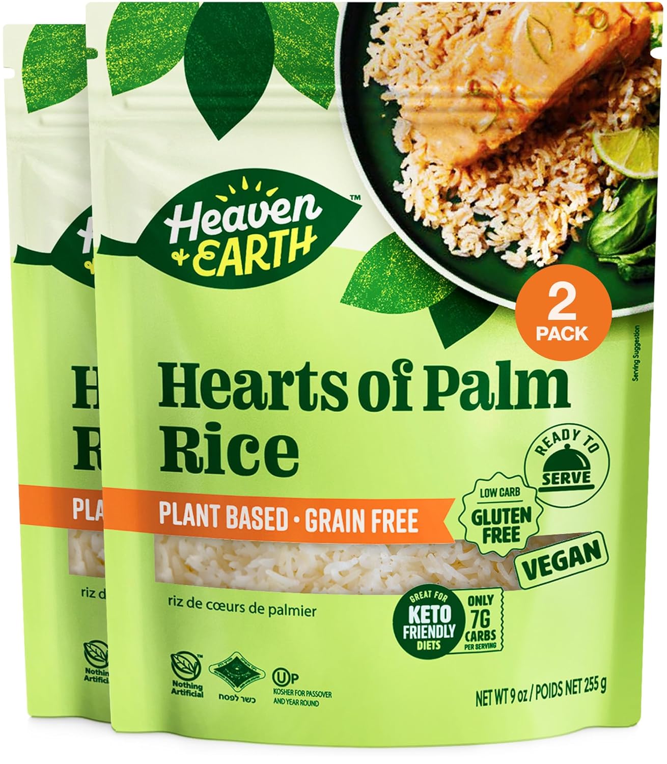 Heaven & Earth Hearts of Palm Rice, 9 oz (4 Pack) | Ready to Eat | Gusset Pouch | Low-Carb, Keto & Paleo Friendly, Plant-Based, Gluten-Free, Grain-Free Alternative