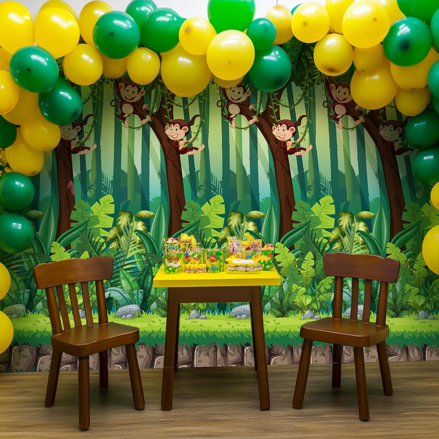 Oudain 100 ft x 54 Inch 1 Roll Jungle Monkey Themed Backdrop Monkey Birthday Decorations Jungle Safari Tablecloths Roll for Vacation Bible School Christian Birthday Baby Shower Party