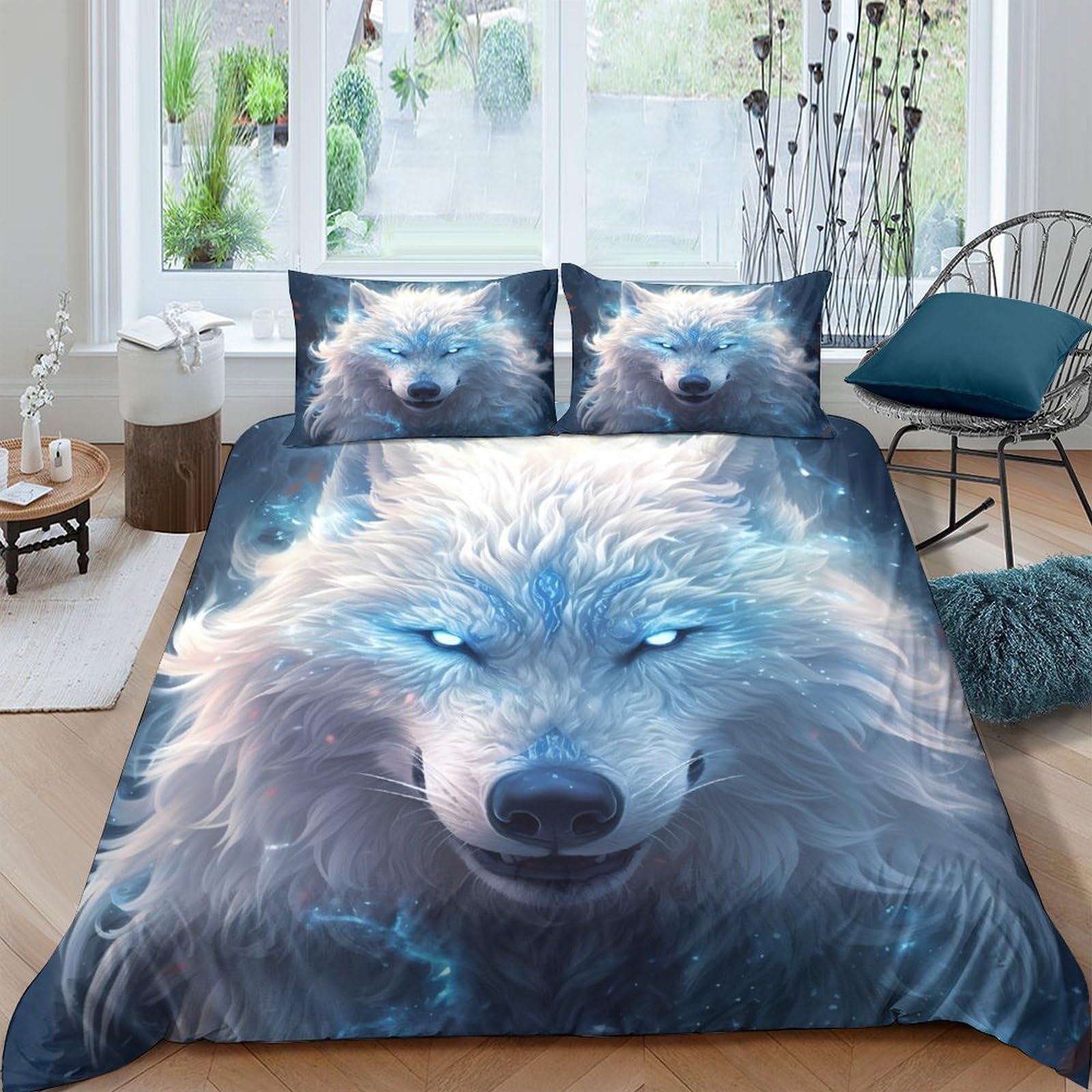 GPLZQXKJNH 3D Printed Blue Wolf Duvet Cover Microfiber Soft Breathable Mystic Forest Bedding Set with 2 Pillowcases for Bedroom Decor Single（135x200cm）