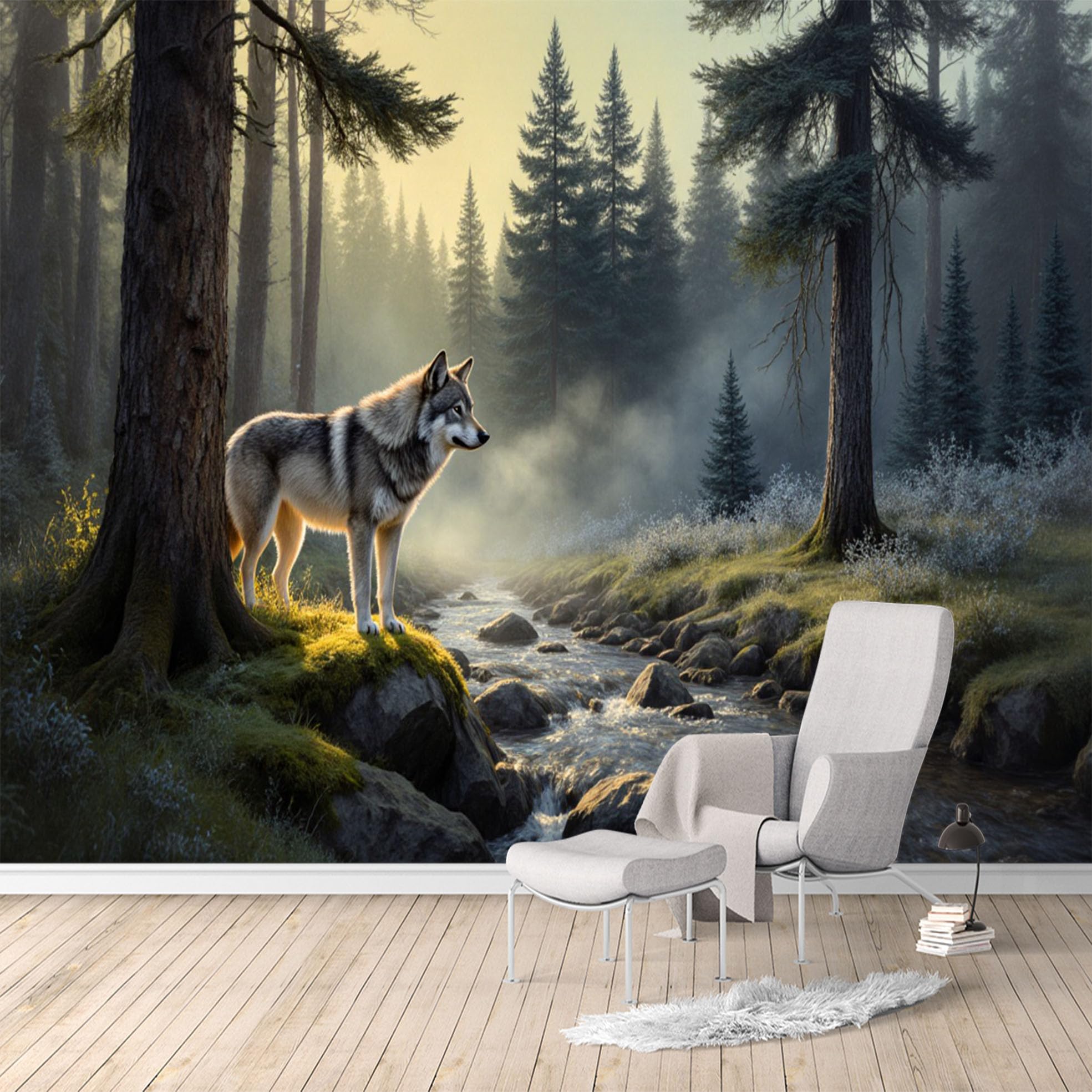 Custom Size Wall Murals, Lone Wolf Forest River Mist Landscape, SelfAdhesive Water Activated Removable Wall Covering, Large Photo Wallpaper for Living Room Bedroom Office