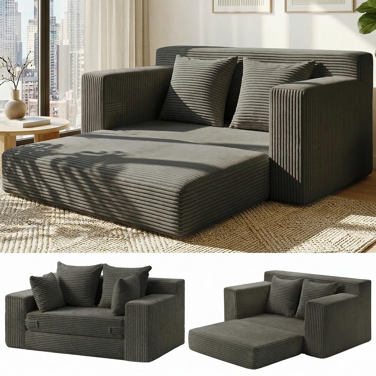 56" Boneless Couch, 5-in-1 Boneless Loveseat Sleeper Sofa Bed, Mini Convertible Pull Out Corduroy Futon Couch with Side Pockets & Handle, Folding Floor Sofa Bed with 4 Pillows for Small Space