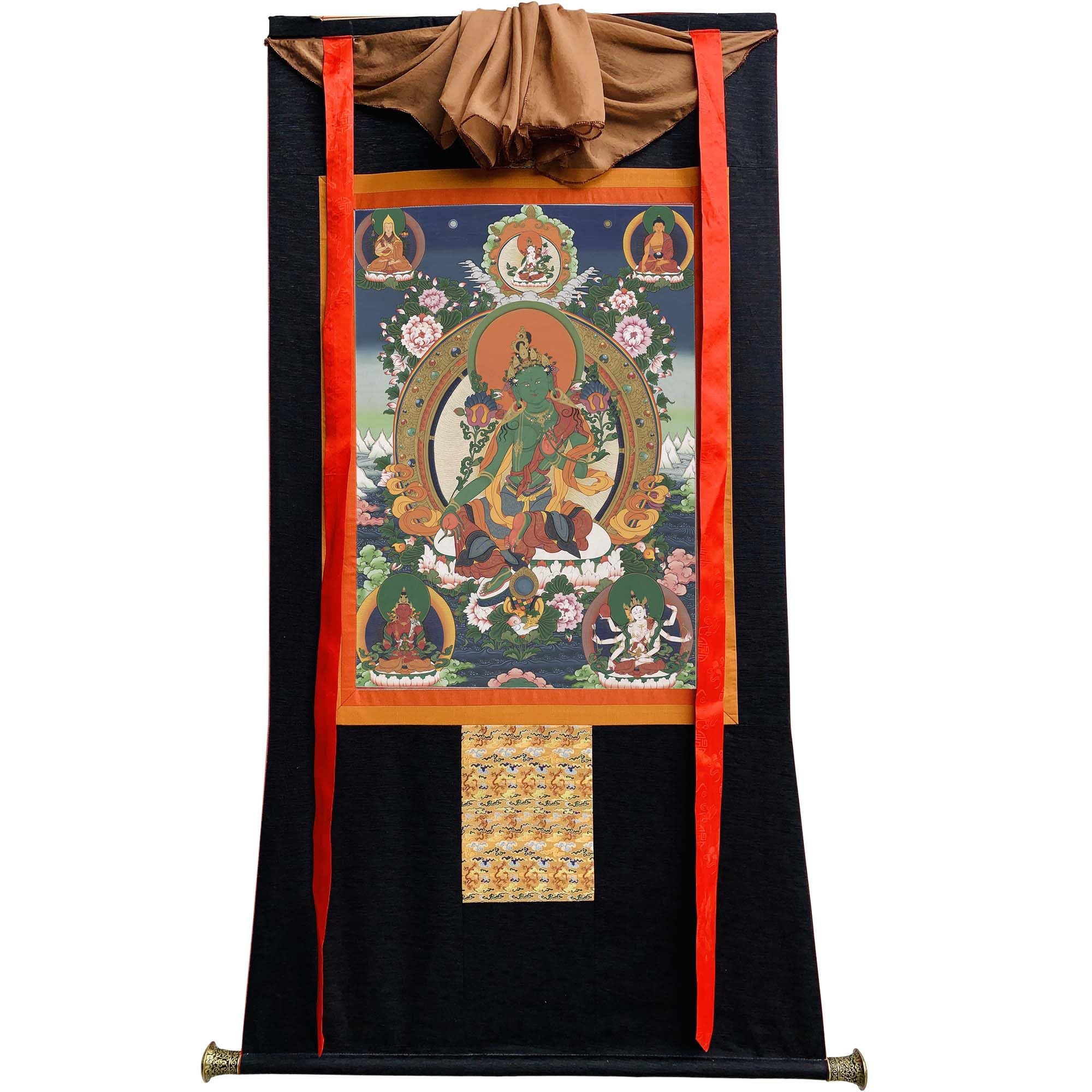 Gandhanra Tibetische Thangka-Kunst–Grüne Tara Thangka–Hochauflösender Digital-Giclée-Druck und doppelt handgerahmt - Buddhistische Wandbehang-Tapisserie - 47" x 32"