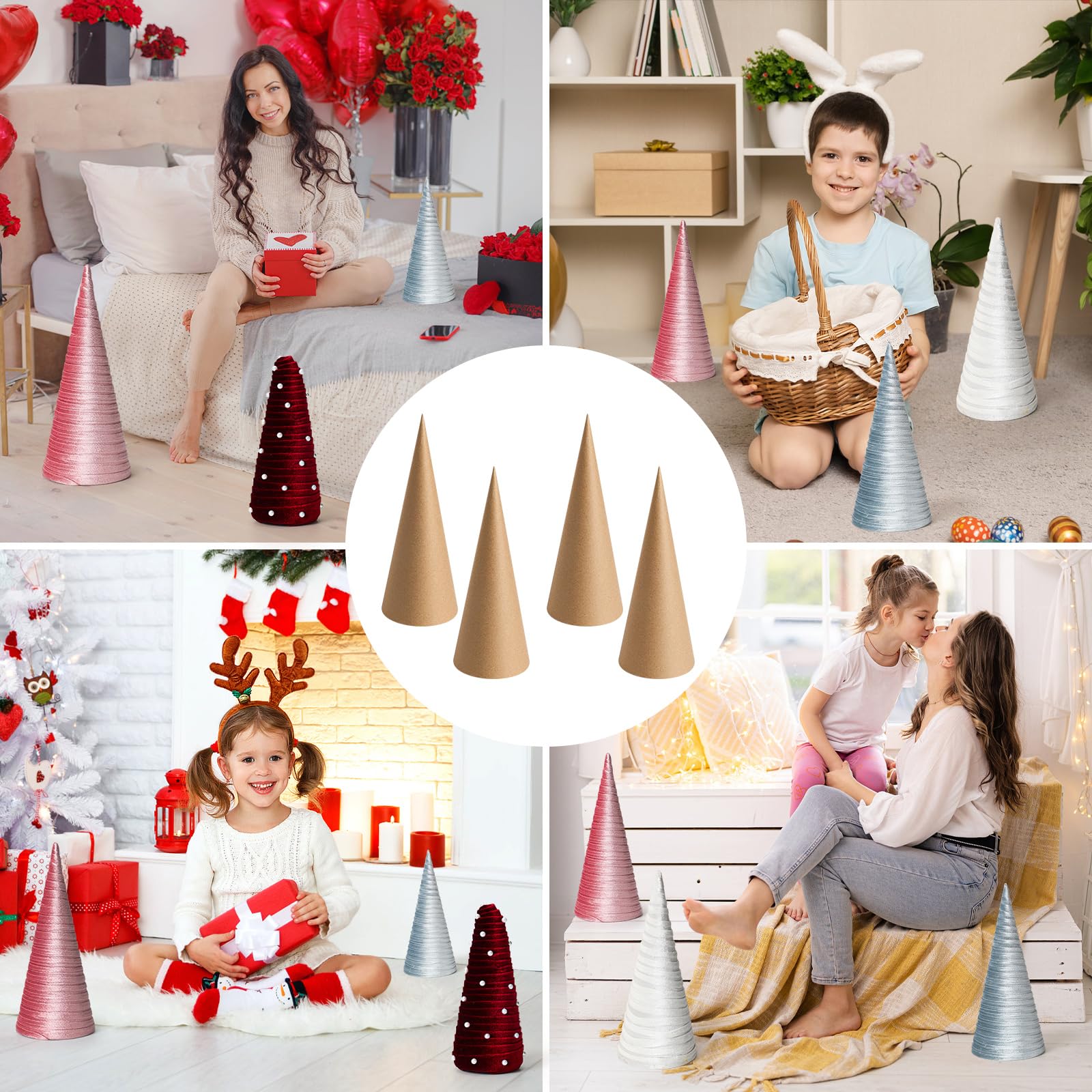 TFTAFAN 6 coni di carta spessa in cartapesta, coni natalizi in cartone spesso, con fondo aperto, per Halloween, Natale, San Valentino, gnomi fai da te, decorazioni per alberi (6, 10, 14 cm)