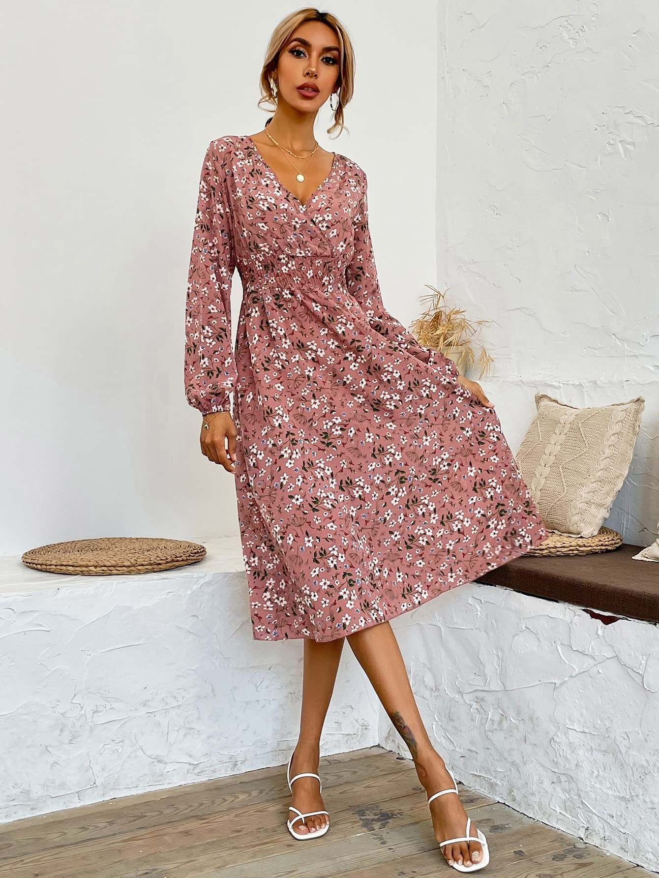 Women's Midi Dress Long Sleeve Neck 