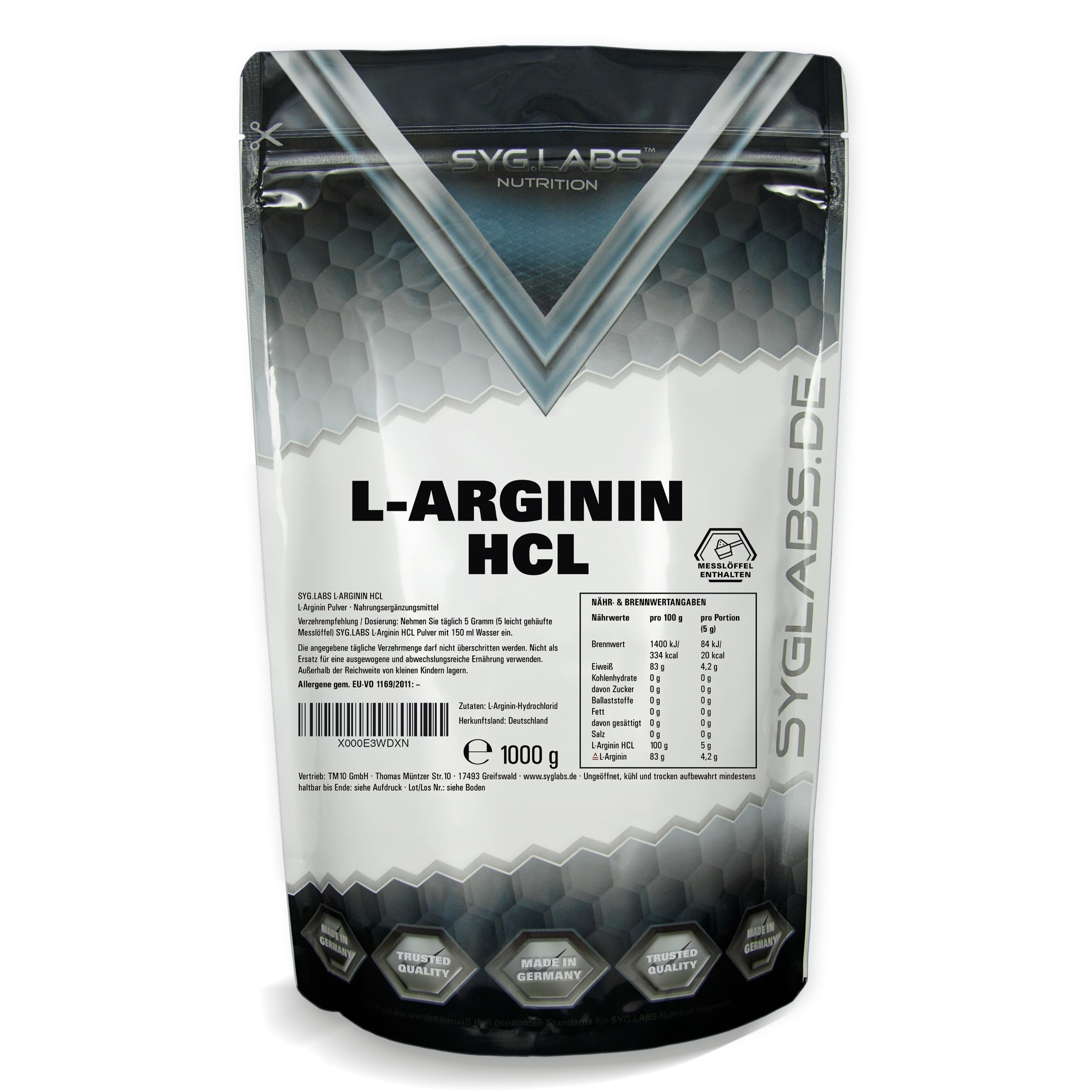 L-Arginin HCL - 1000g Pulver Premium L-Arginin Hydrochlorid - durch Fermentation - ohne Zusätze - vegan - Arginin