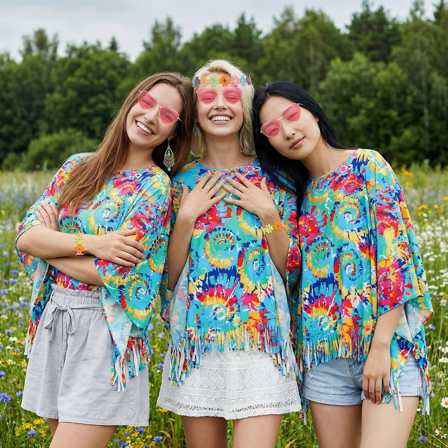 Alintor Hippie Kostüm Damen, 70er Jahre Outfit Damen, Flower Power Kleidung, Schlagermove Outfit, Faschingskostüme, Karneval