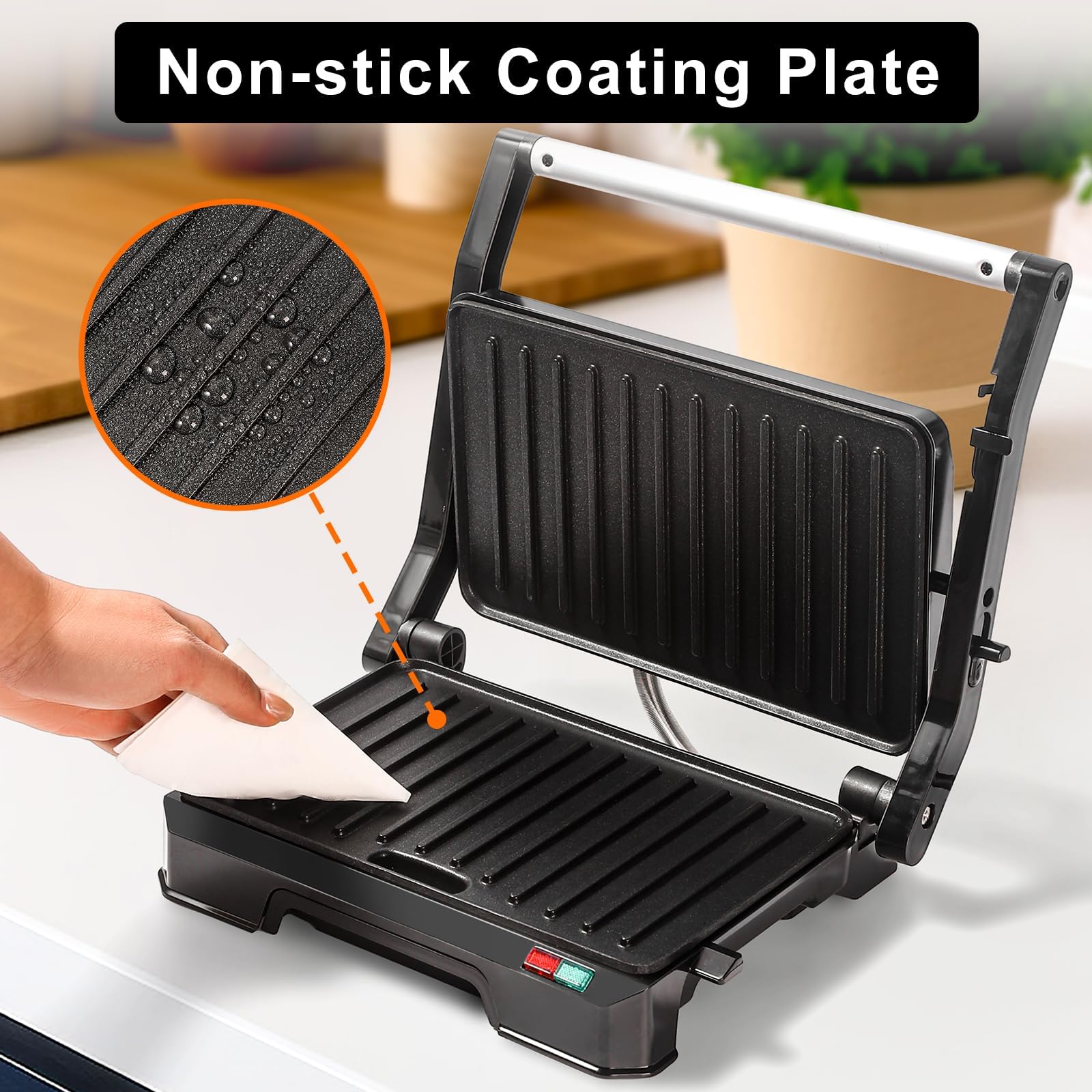 Sandwichera de prensa Panini pequeña, parrilla eléctrica 3 en 1 para sándwiches Panini, abierta a 180 grados para parrilla interior, perfecta para asar filetes, hamburguesas, sándwich, sartén 8