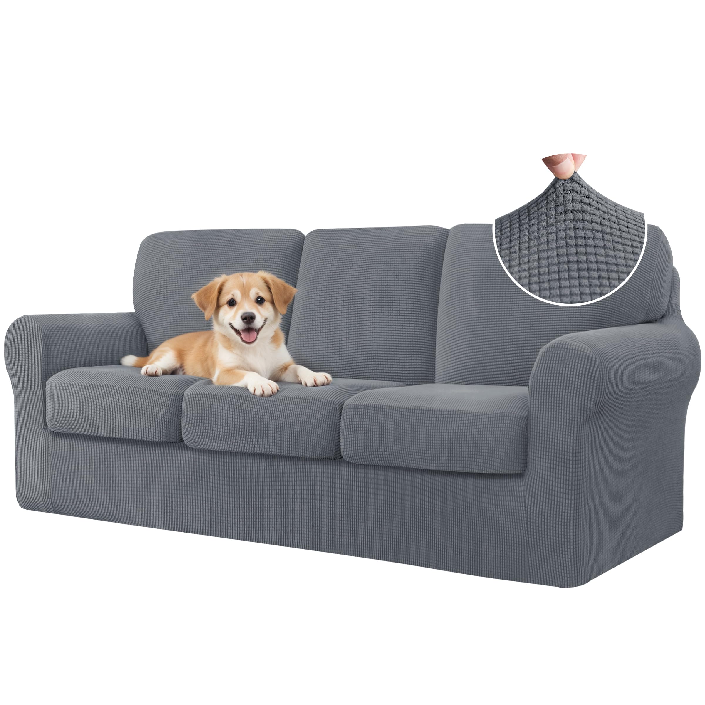 7 Piece Couch Covers Sofa Covers Washable, Stretch Sofa Slipcover for 3 Cushion Couch with Seperate Backrest and Cushion Covers, Anti Slip Furniture Protector for Dogs Pets (Large, Light Grey)