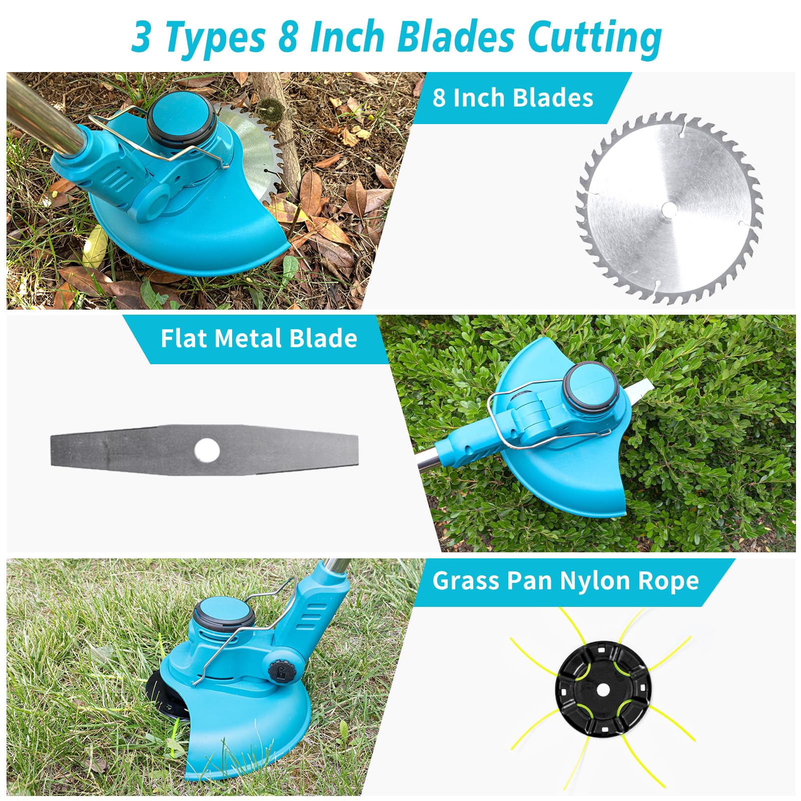 Electric Weed Trimmer, Electric Grass Trimmer with 3 Saw Blades, Cordless Weed Eater with Battery and Charger, Lawn Trimmer with Double Button Switch, Weed Eaters with Goggles and Gloves for Garden