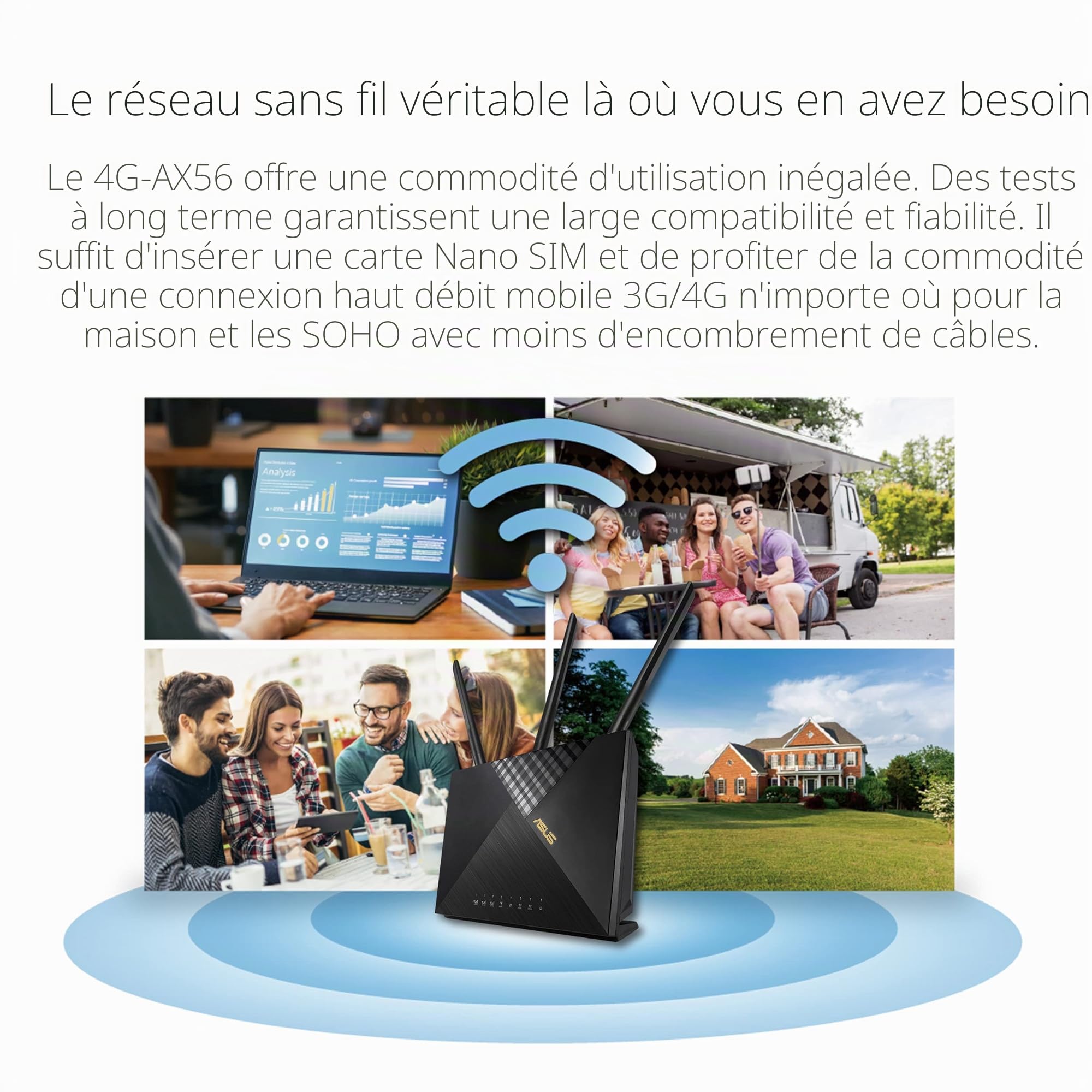 ASUS 4G-AX56 - Box 4G - Modem-routeur Wi-FI 6 LTE Double Bande AX 1800 Mbps - Technologie MU-MIMO - Sécurité Professionnelle Aiprotection Pro Noir