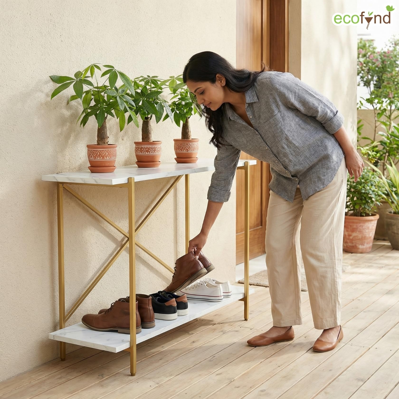 ecofynd Elix 2-Tier Storage Bench for Entryway, Stable Shoe Organizer Living Room, Entry Footwear Rack Holds Up to 70 Kg, Strong, Non-Slip Feet, X-Cross Brace at Back, 47"X 9"X 28" White & Gold 3