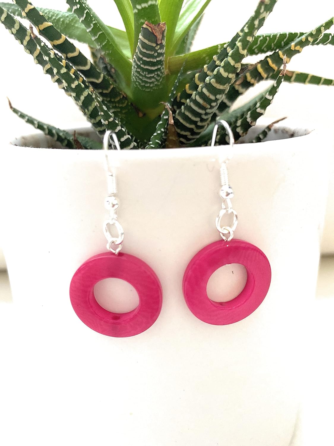 Tagua earrings in fuchsia Tag215, loop organic earrings, tagua nut jewelry - Image 2