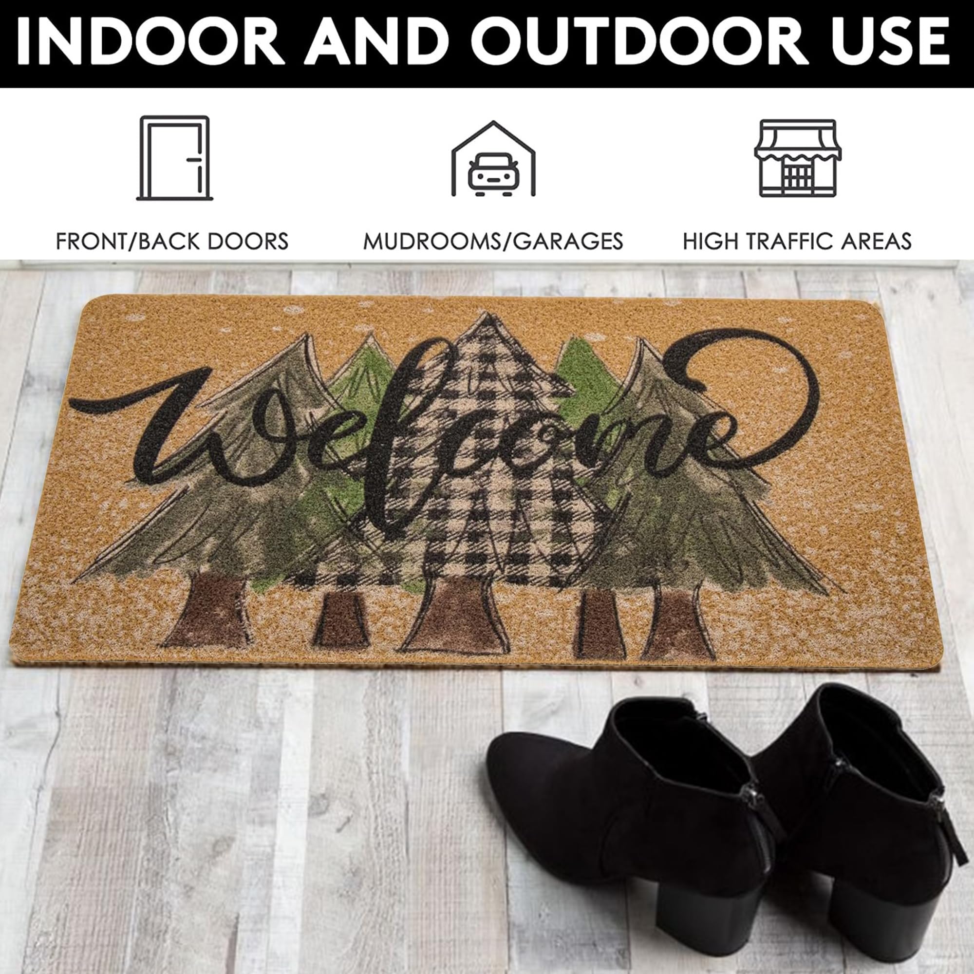 UTOWO Paillasson de bienvenue antidérapant avec imprimé forêt de pins - Tapis d'entrée enneigé - Tapis de Noël au pays des merveilles - 43,2 x 76,2 cm
